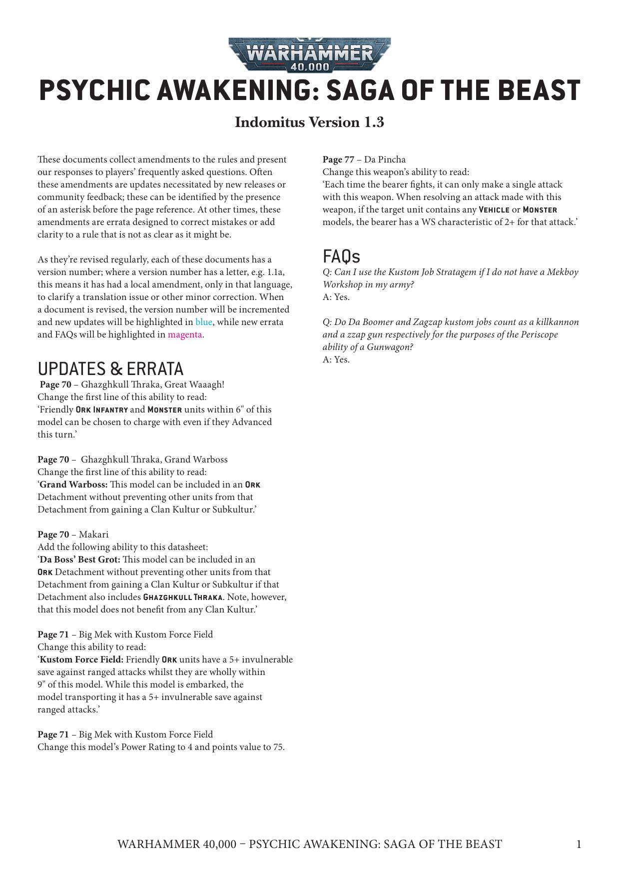 40K 9th ed Update Psychic Awakening Saga of the Beast Ver 1.3 by Unknown