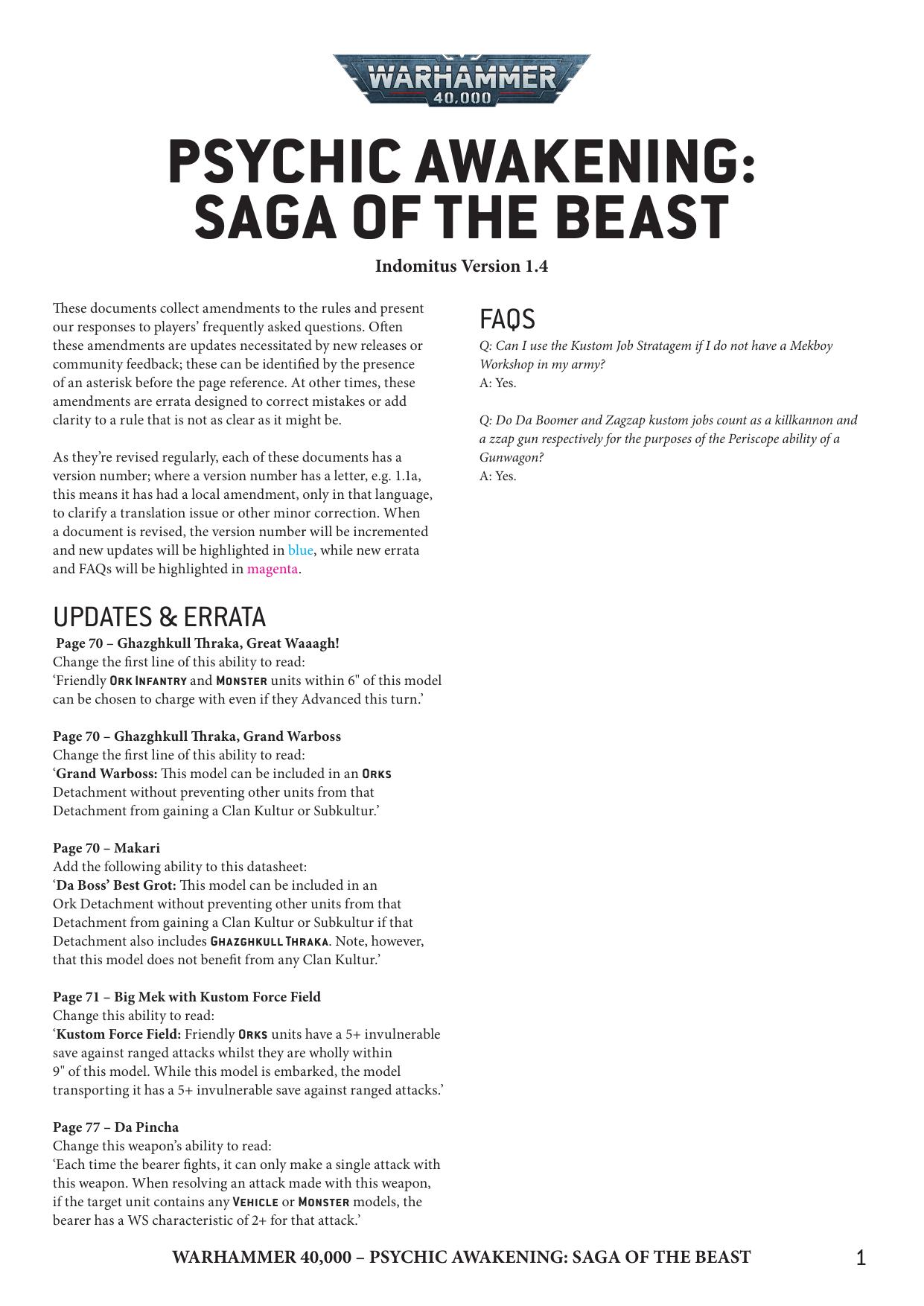 40K 9th ed Update Psychic Awakening Saga of the Beast Ver 1.4 by Unknown