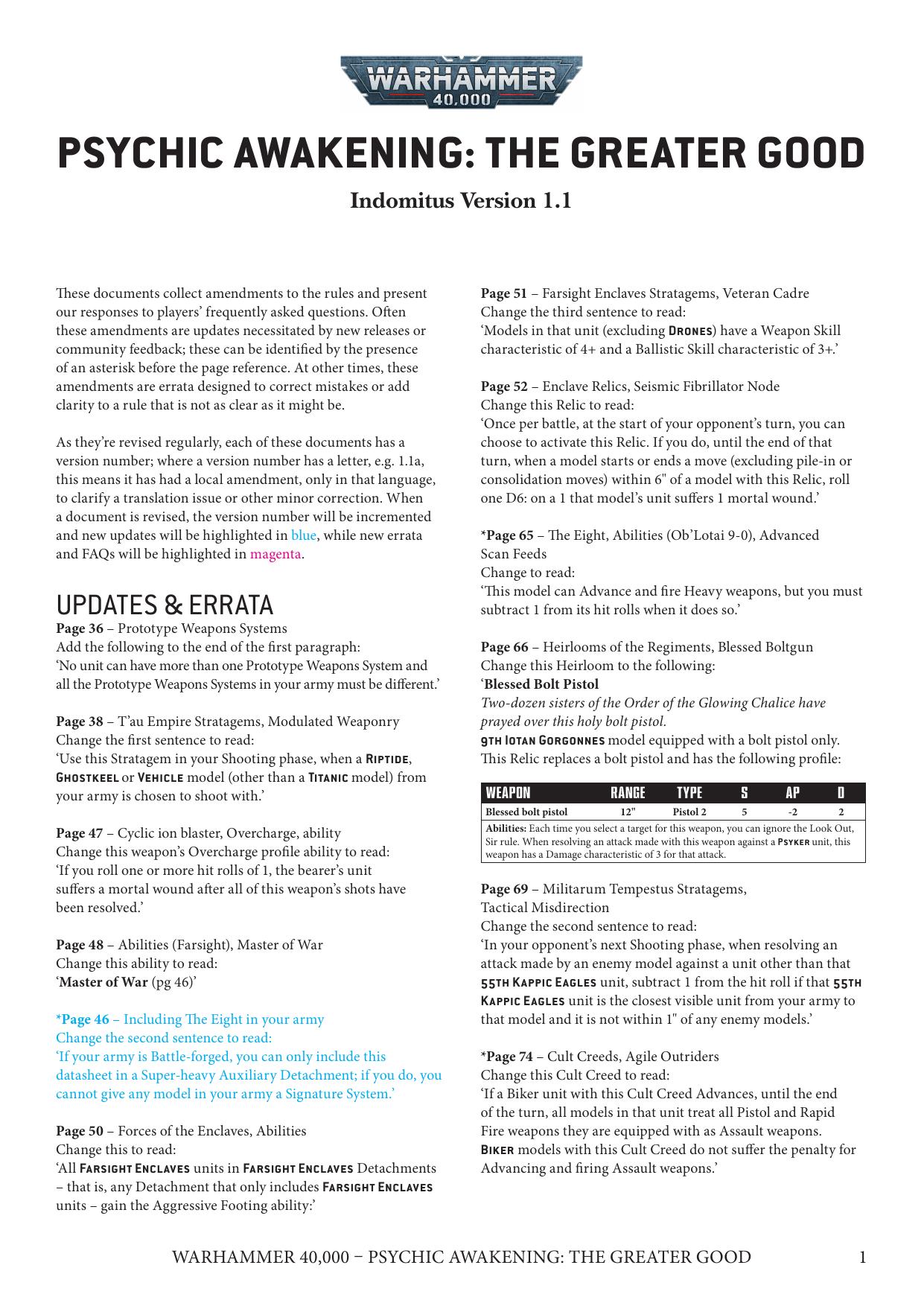 40K 9th ed Update Psychic Awakening The Greater Good Ver 1.1 by Unknown