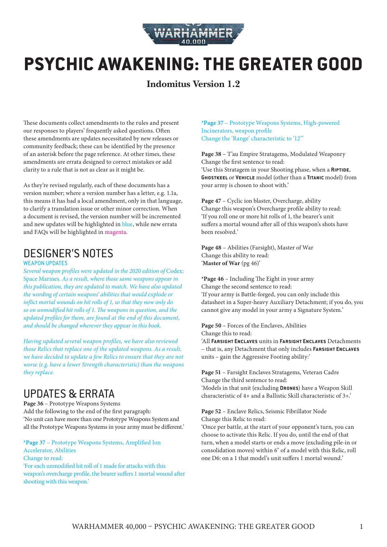 40K 9th ed Update Psychic Awakening The Greater Good Ver 1.2 by Unknown