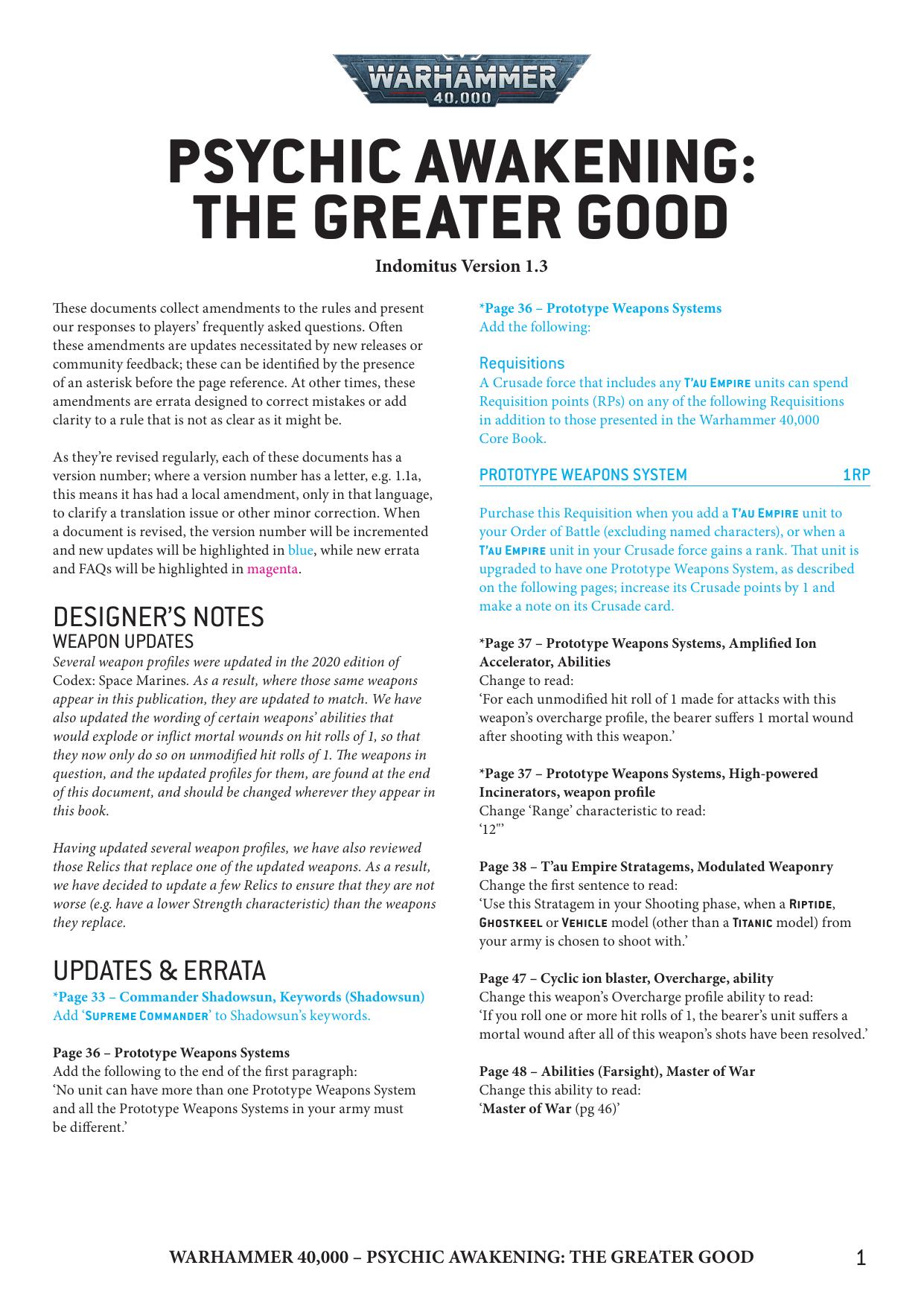 40K 9th ed Update Psychic Awakening The Greater Good Ver 1.3 by Unknown