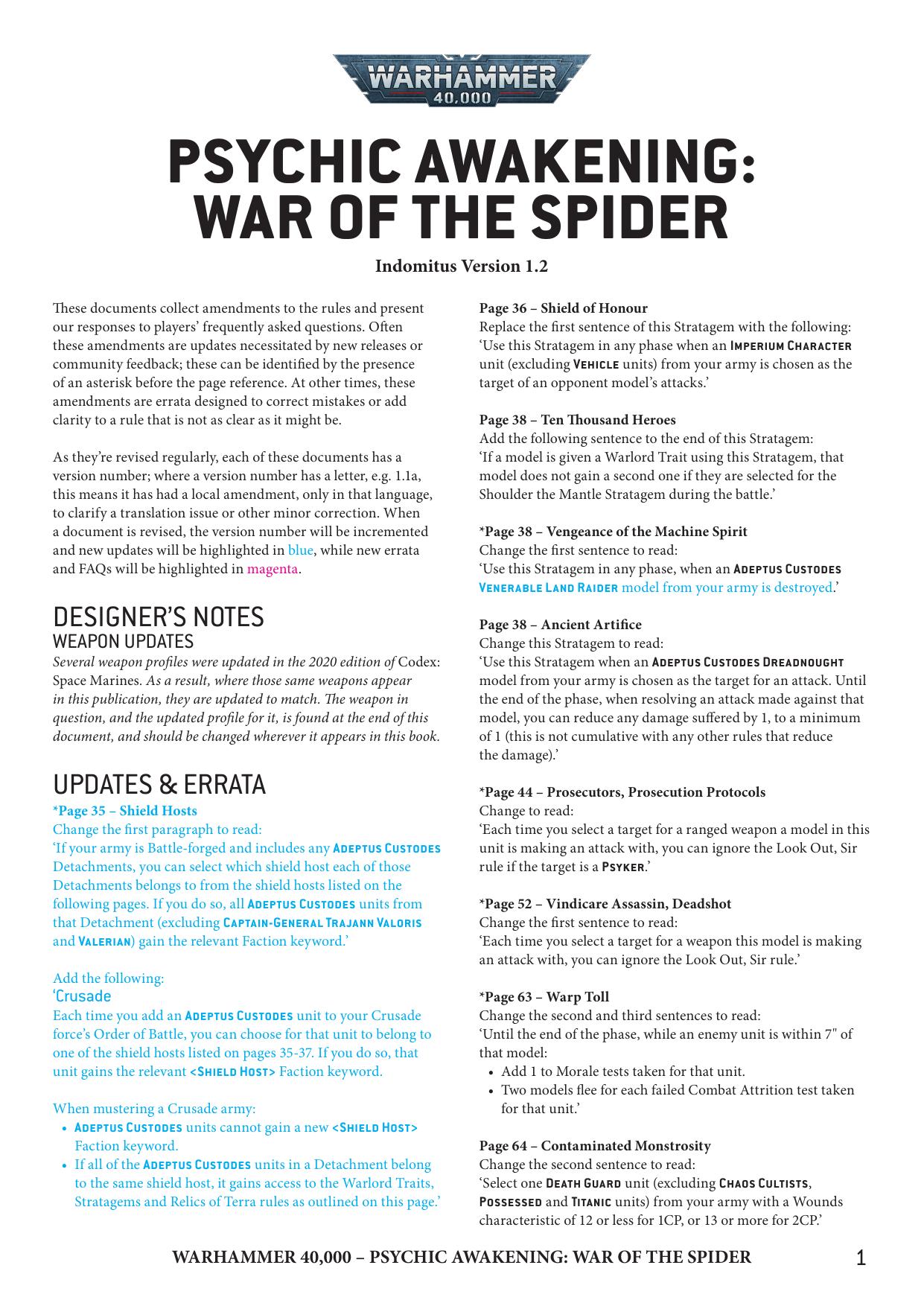 40K 9th ed Update Psychic Awakening War of the Spider ver 1.2 by Unknown