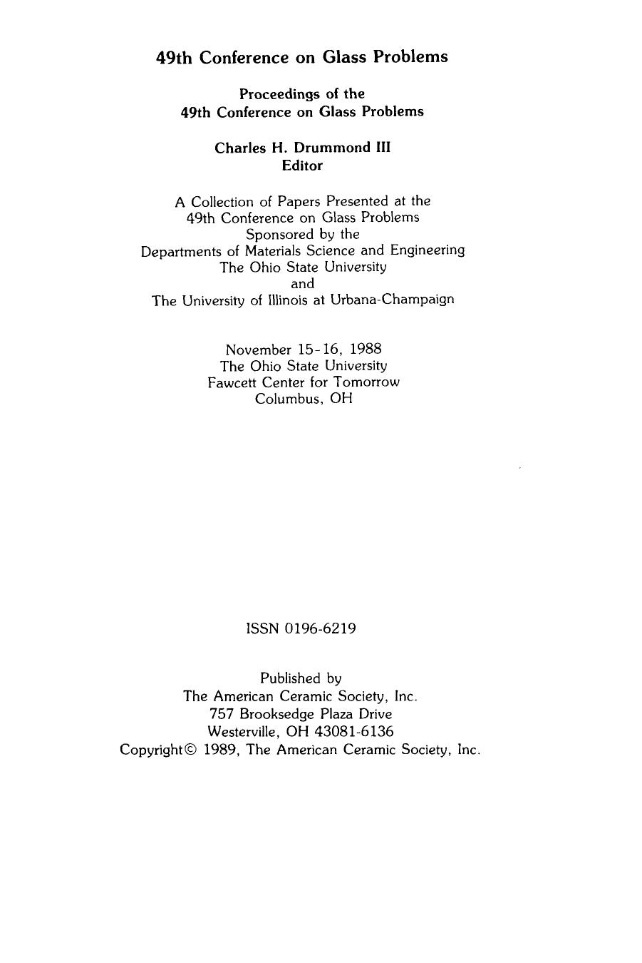 49th Conference on Glass Problems. Ceramic Engineering and Science Proceedings, Volume 10, Issue 3/4 by John B. Wachtman