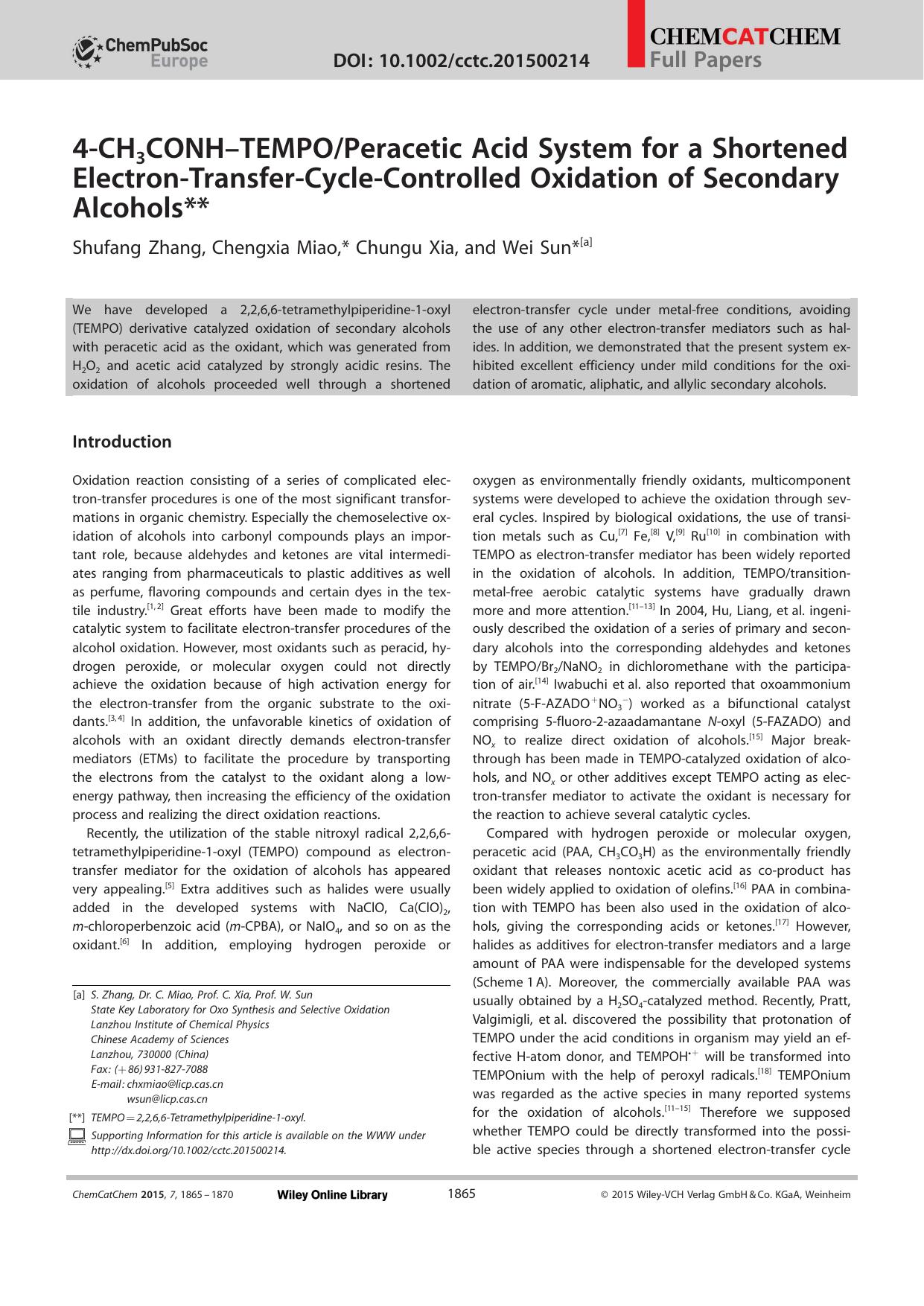 4CH3CONHTEMPOPeracetic Acid System for a Shortened ElectronTransferCycleControlled Oxidation of Secondary Alcohols by Unknown