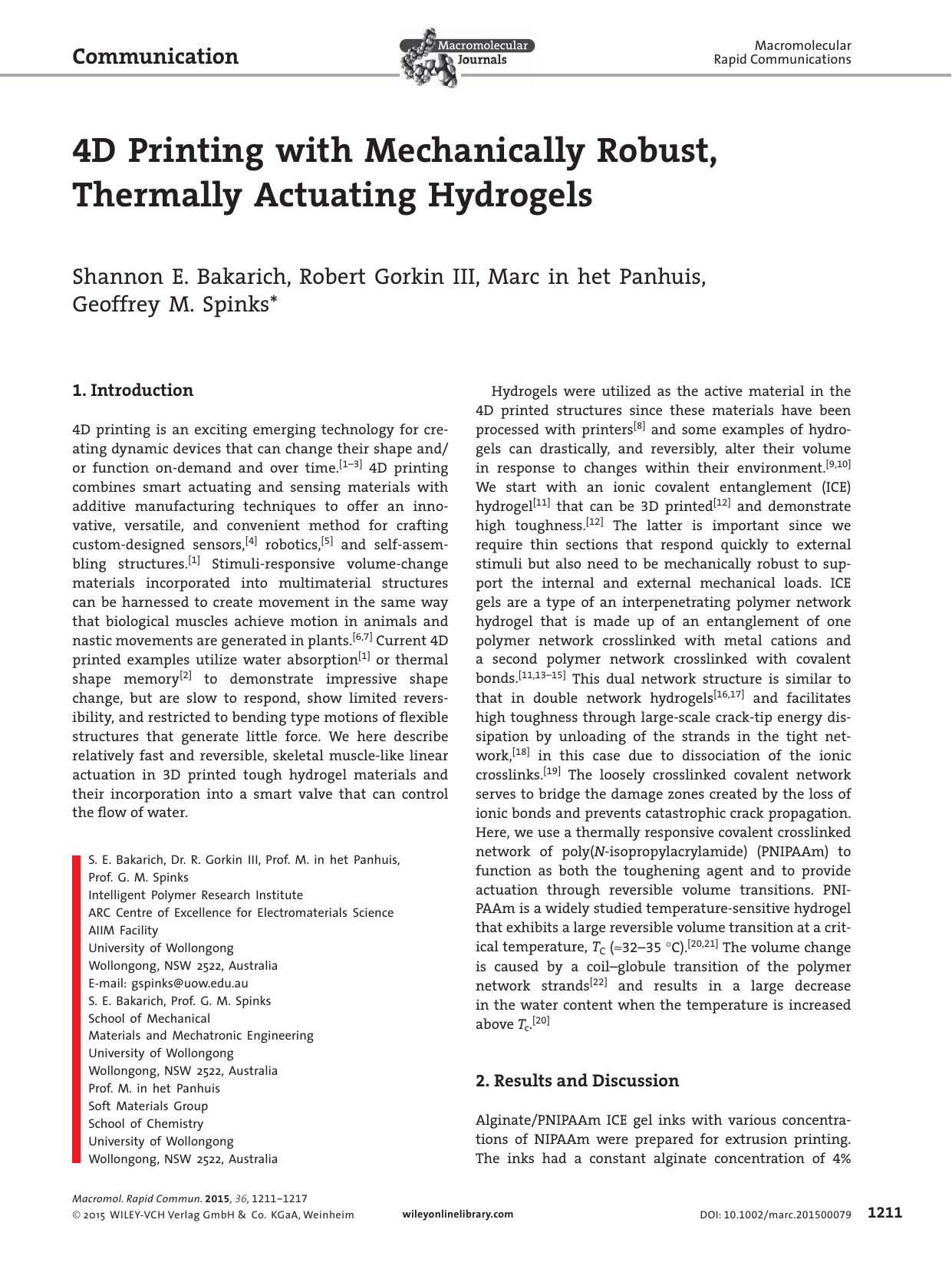 4D Printing with Mechanically Robust, Thermally Actuating Hydrogels by Unknown