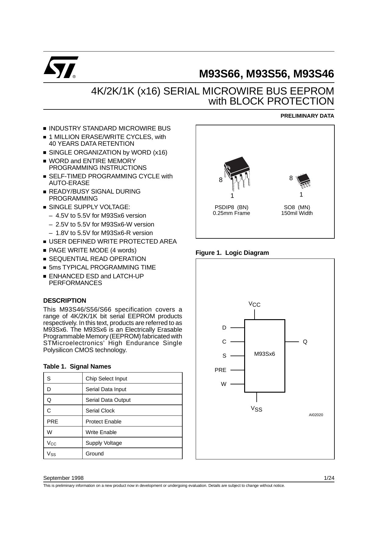 4K2K1K (X16) SERIAL MICROWIRE BUS EEPROM WITH BLOCK PROTECTION by STMicroelectronics