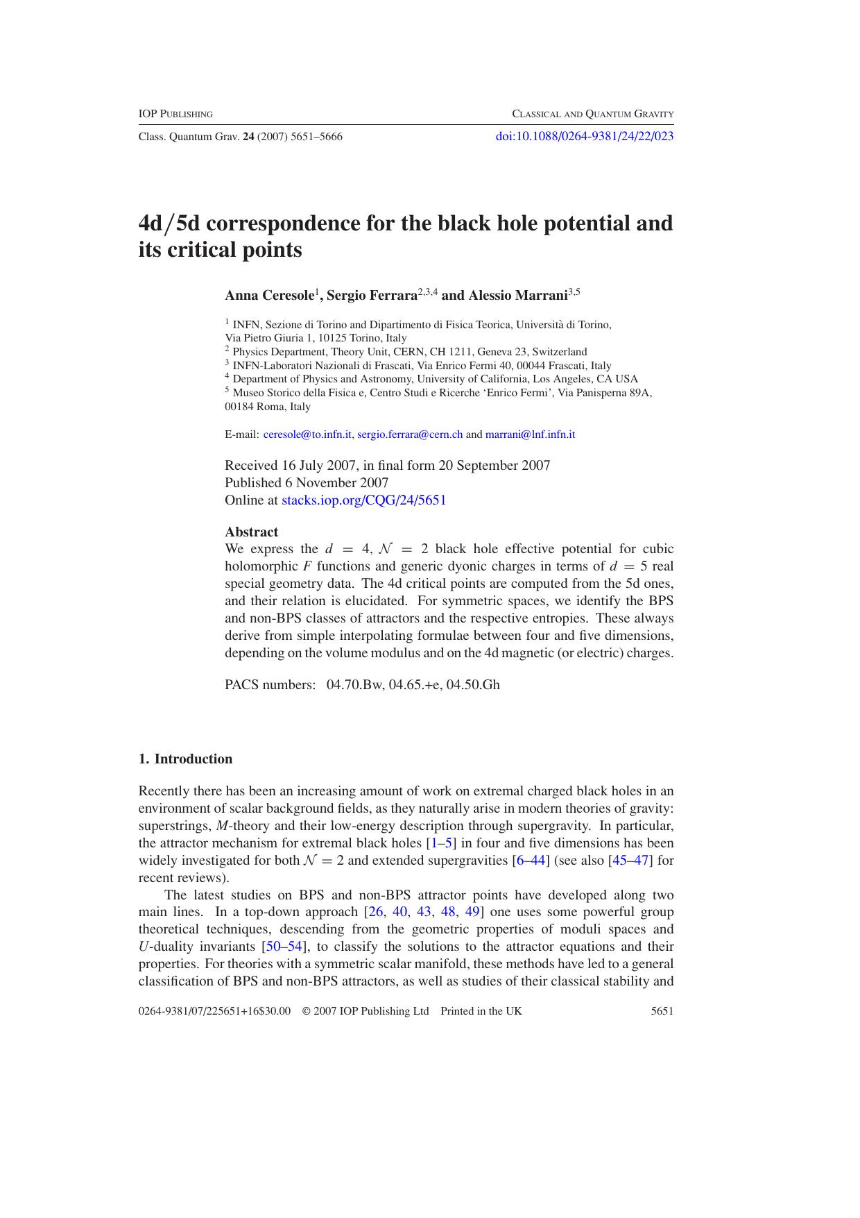 4d5d correspondence for the black hole potential and its critical points by A Ceresole et al
