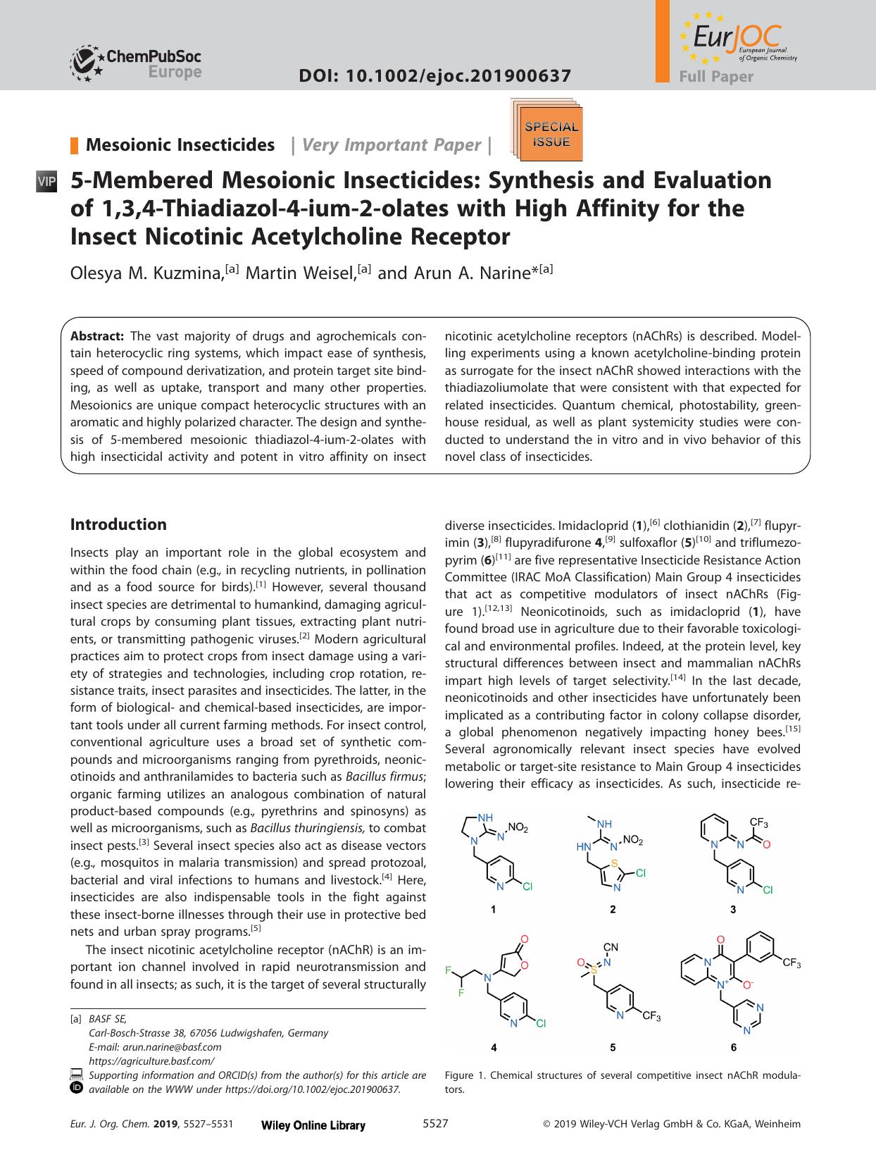 5‐Membered Mesoionic Insecticides: Synthesis and Evaluation of 1,3,4‐Thiadiazol‐4‐ium‐2‐olates with High Affinity for the Insect Nic by Unknown