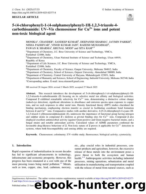 5â(4âchlorophenyl)â1â(4âsulphamoylphenyl)â1Hâ1,2,3âtriazoleâ4âcarbothioamide: UVâVis chemosensor for Cu2+Â ions and potent non-toxic biological agent by unknow