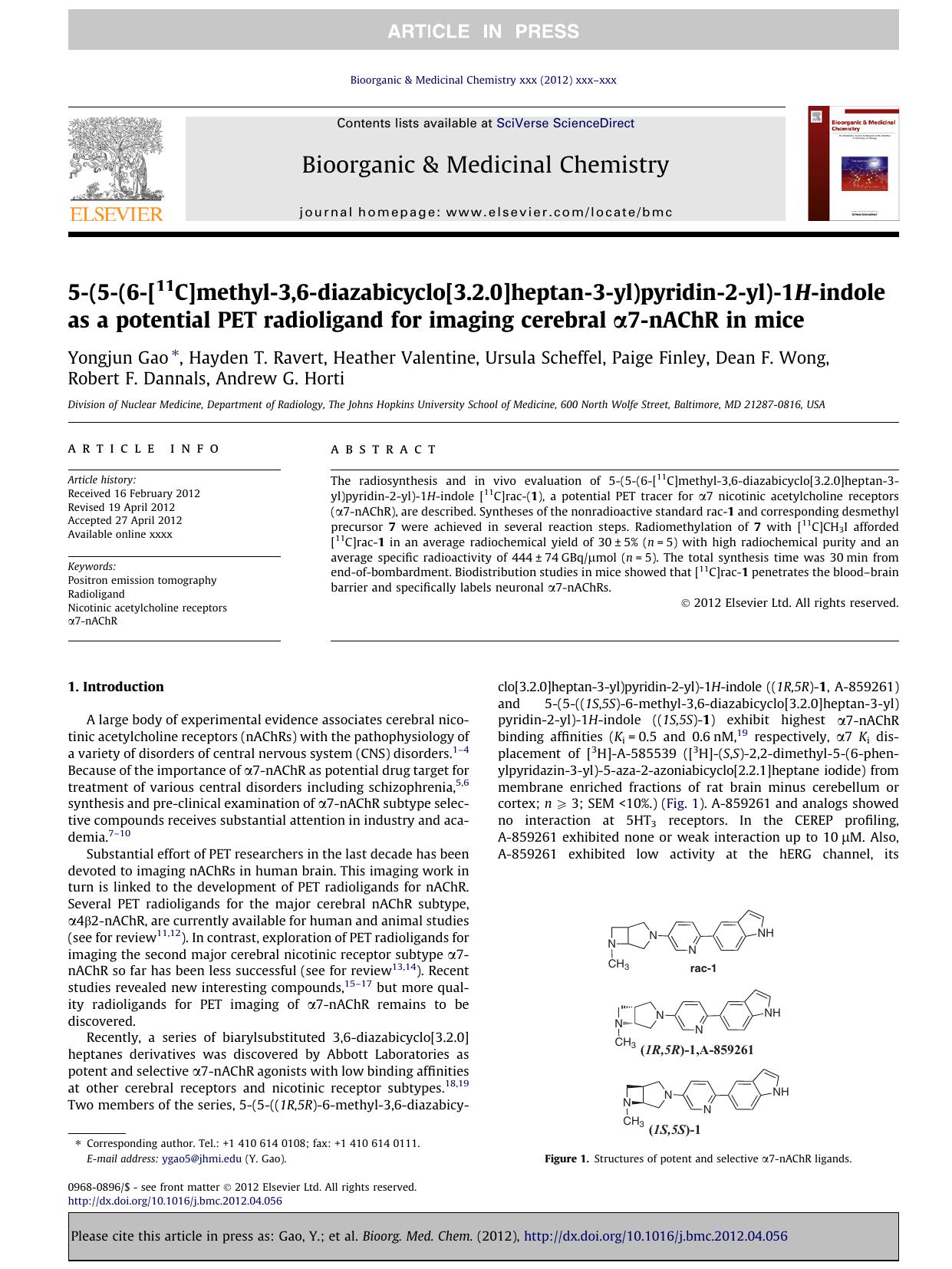 5-(5-(6-[11C]methyl-3,6-diazabicyclo[3.2.0]heptan-3-yl)pyridin-2-yl)-1H-indole as a potential PET radioligand for imaging cerebral ÃÂ±7-nAChR in mice by unknow