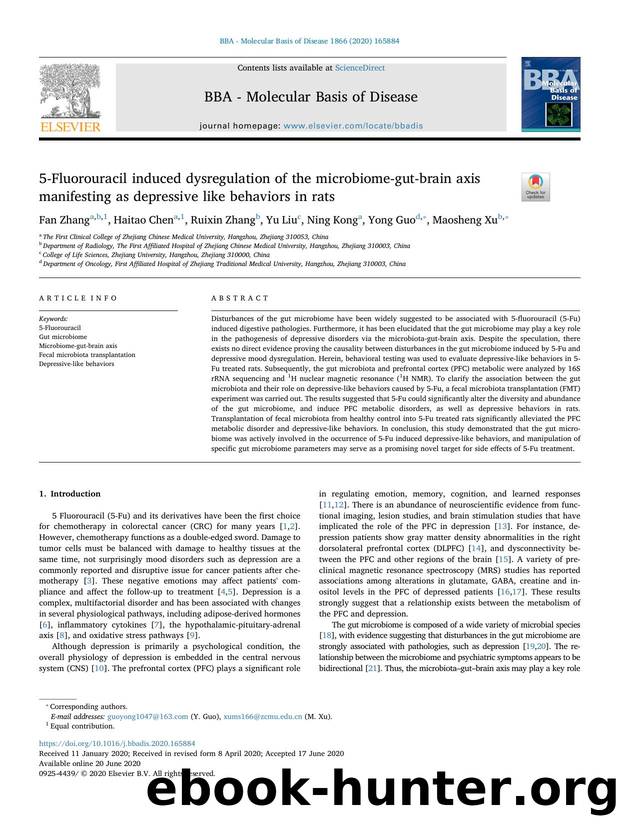 5-Fluorouracil induced dysregulation of the microbiome-gut-brain axis manifesting as depressive like behaviors in rats by Fan Zhang & Haitao Chen & Ruixin Zhang & Yu Liu & Ning Kong & Yong Guo & Maosheng Xu