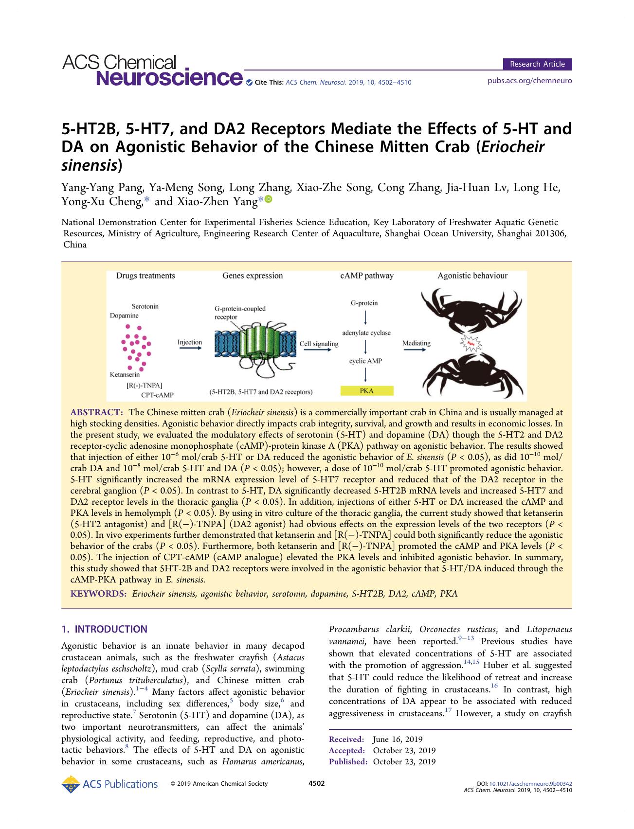 5-HT2B, 5-HT7, and DA2 Receptors Mediate the Effects of 5-HT and DA on Agonistic Behavior of the Chinese Mitten Crab (Eriocheir sinensis) by unknow