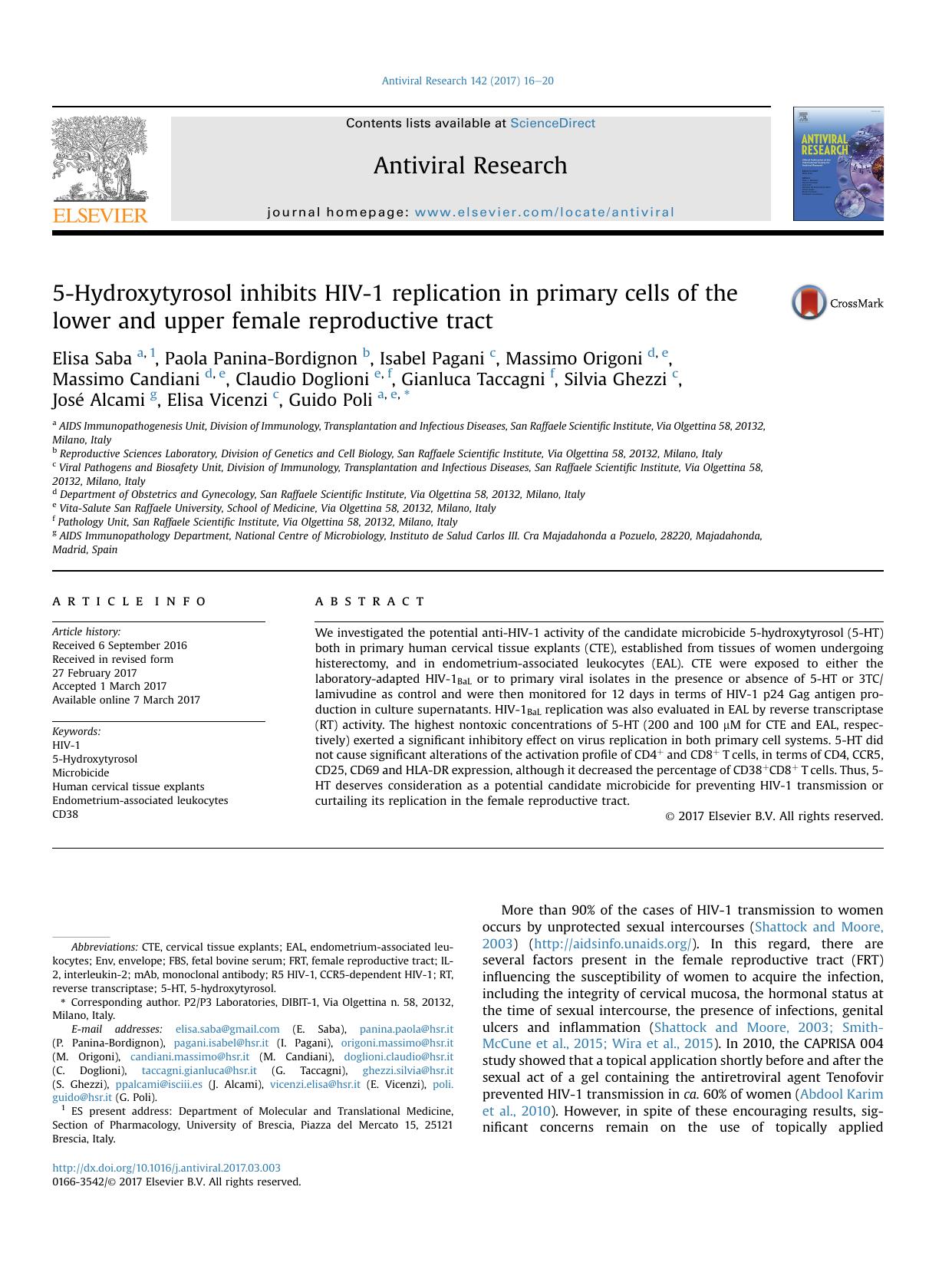 5-Hydroxytyrosol inhibits HIV-1 replication in primary cells of the lower and upper female reproductive tract by unknow