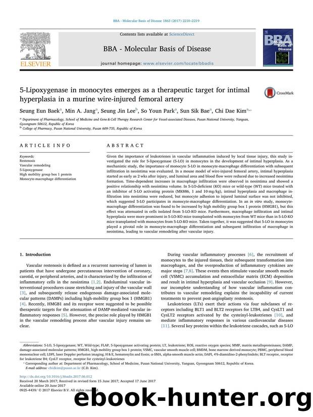 5-Lipoxygenase in monocytes emerges as a therapeutic target for intimal hyperplasia in a murine wire-injured femoral artery by Seung Eun Baek & Min A. Jang & Seung Jin Lee & So Youn Park & Sun Sik Bae & Chi Dae Kim