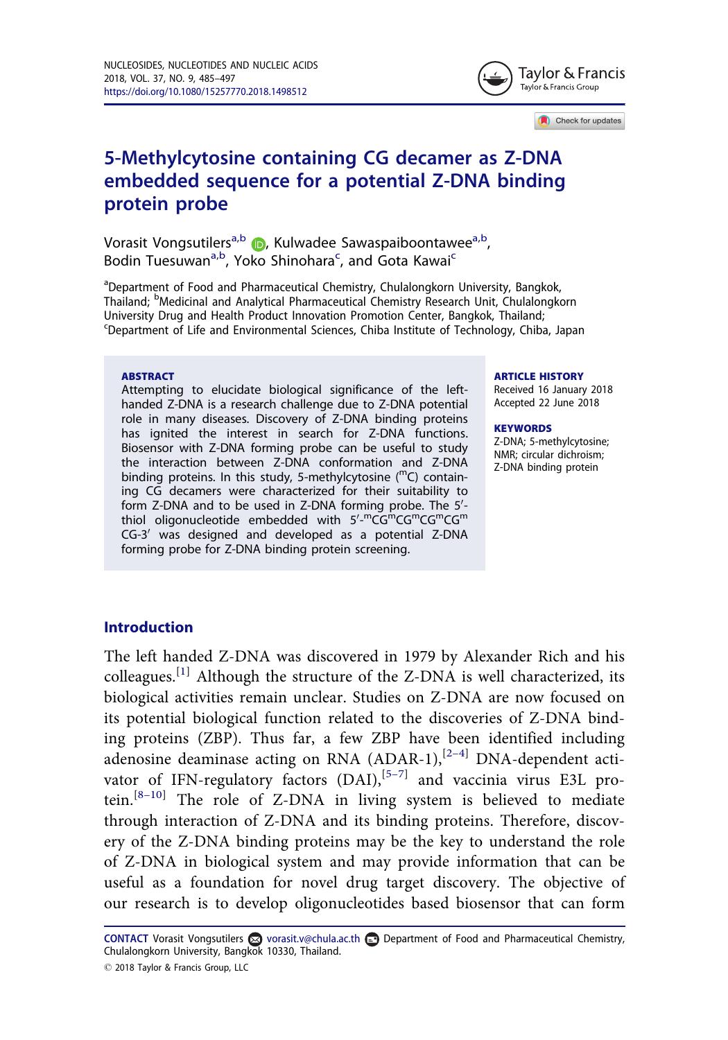 5-Methylcytosine containing CG decamer as Z-DNA embedded sequence for a potential Z-DNA binding protein probe by Vongsutilers Vorasit & Sawaspaiboontawee Kulwadee & Tuesuwan Bodin & Shinohara Yoko & Kawai Gota