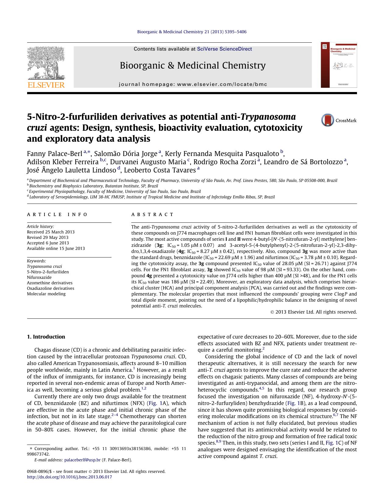 5-Nitro-2-furfuriliden derivatives as potential anti-Trypanosoma cruzi agents: Design, synthesis, bioactivity evaluation, cytotoxicity and exploratory data analysis by unknow