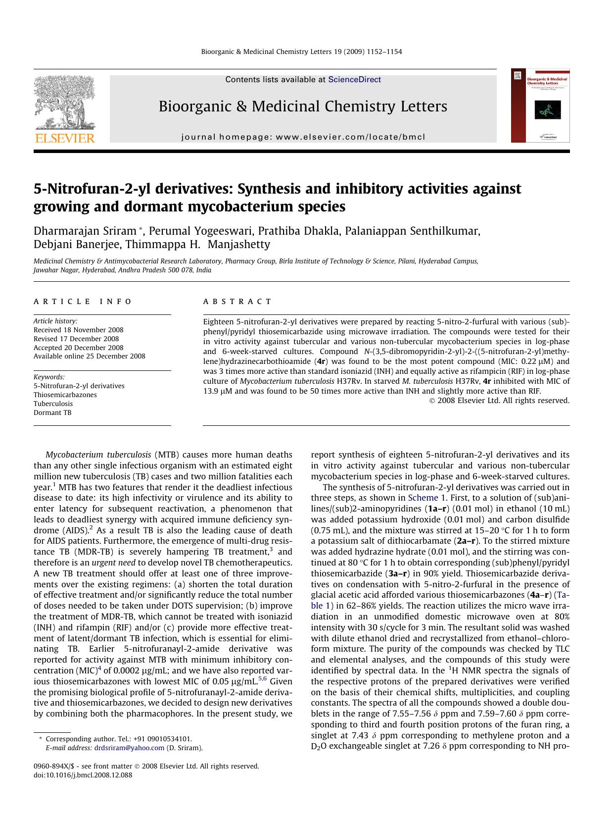 5-Nitrofuran-2-yl derivatives: Synthesis and inhibitory activities against growing and dormant mycobacterium species by unknow
