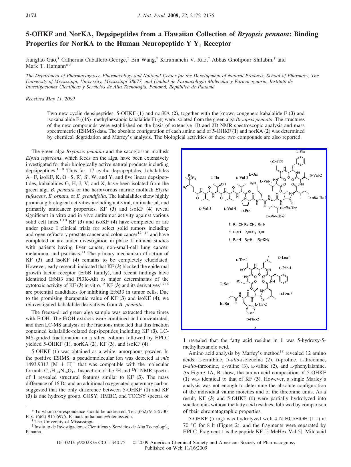 5-OHKF and NorKA, Depsipeptides from a Hawaiian Collection of <italic>Bryopsis pennata<italic>: Binding Properties for NorKA to the Human Neuropeptide Y Y<sub>1<sub> Receptor by Unknown