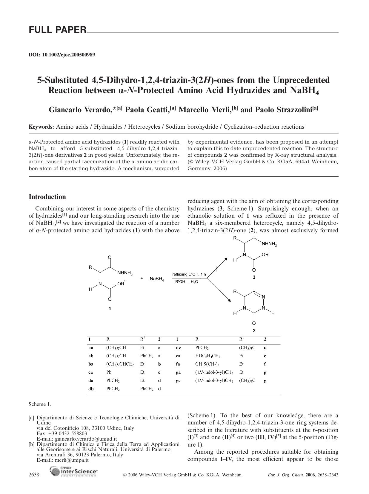 5-Substituted 4,5-Dihydro-1,2,4-triazin-3(2H)-ones from the Unprecedented Reaction between [alpha]-N-Protected Amino Acid Hydrazides and NaBH4 by Unknown