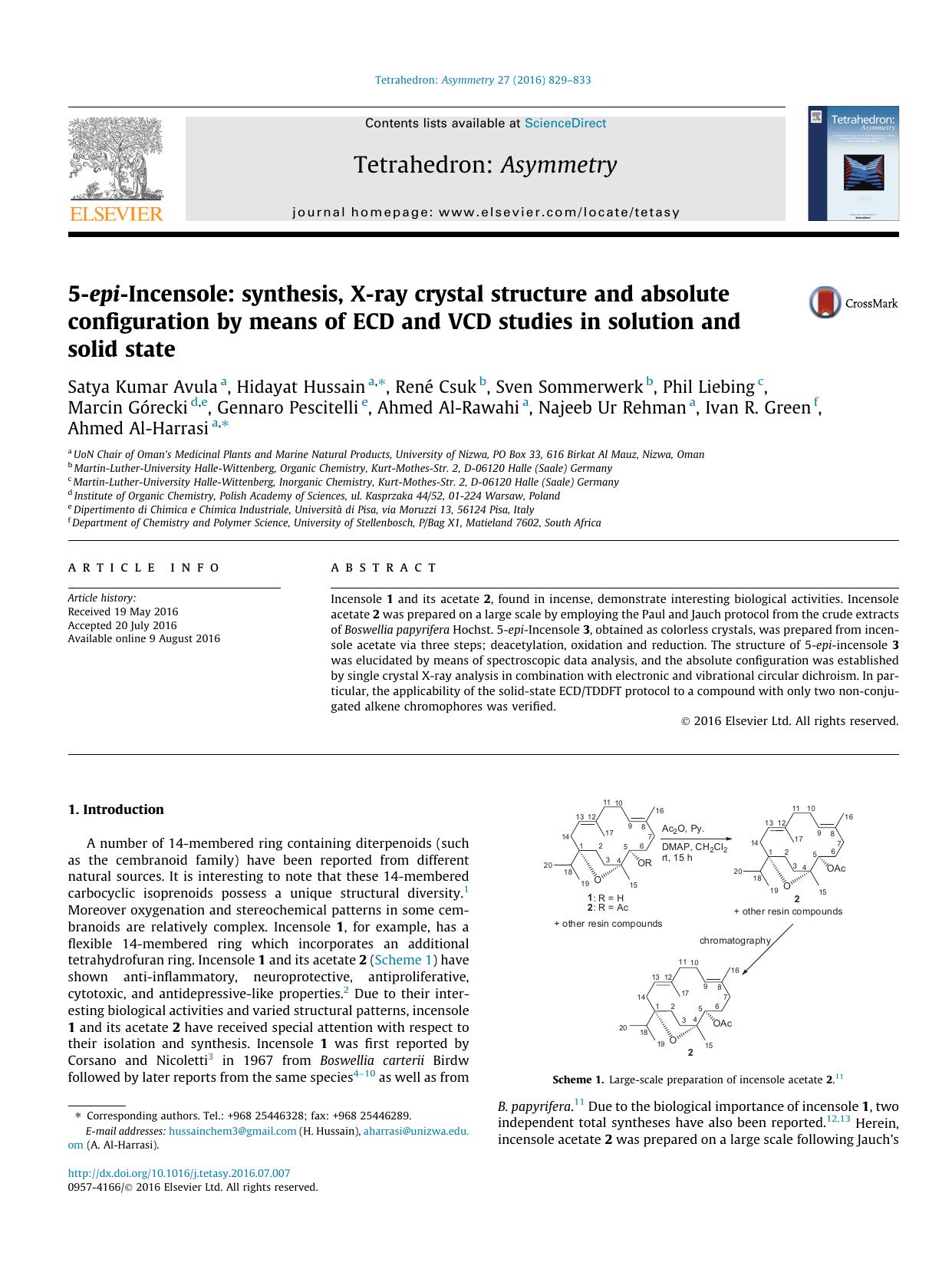 5-epi-Incensole: synthesis, X-ray crystal structure and absolute configuration by means of ECD and VCD studies in solution and solid state by unknow