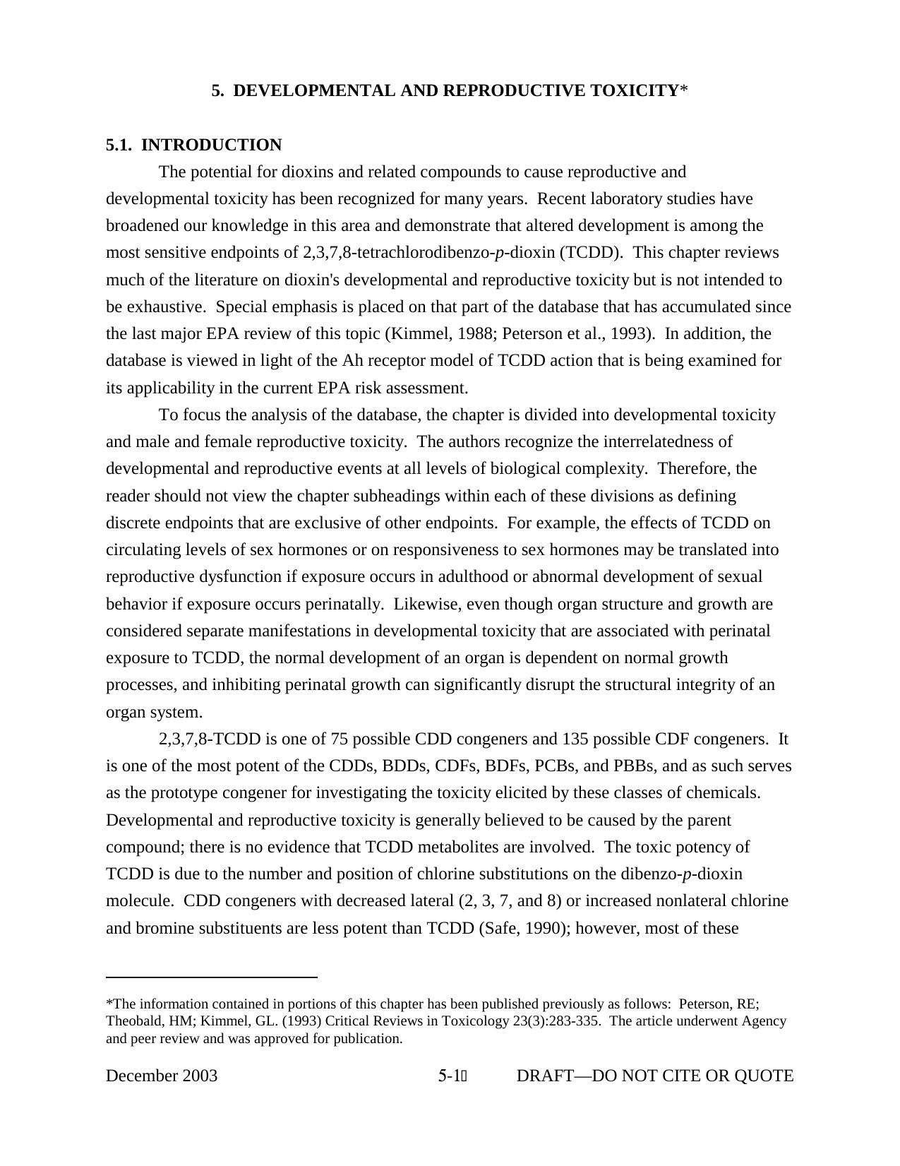 5. DEVELOPMENTAL AND REPRODUCTIVE TOXICITY* - Exposure and Human Health Reassessment of 2,3,7,8-Tetrachlorodibenzo-p-Dioxin (TCDD) and Related Compounds - Part II by U.S. Environmental Protection Agency - Office of Research and Development