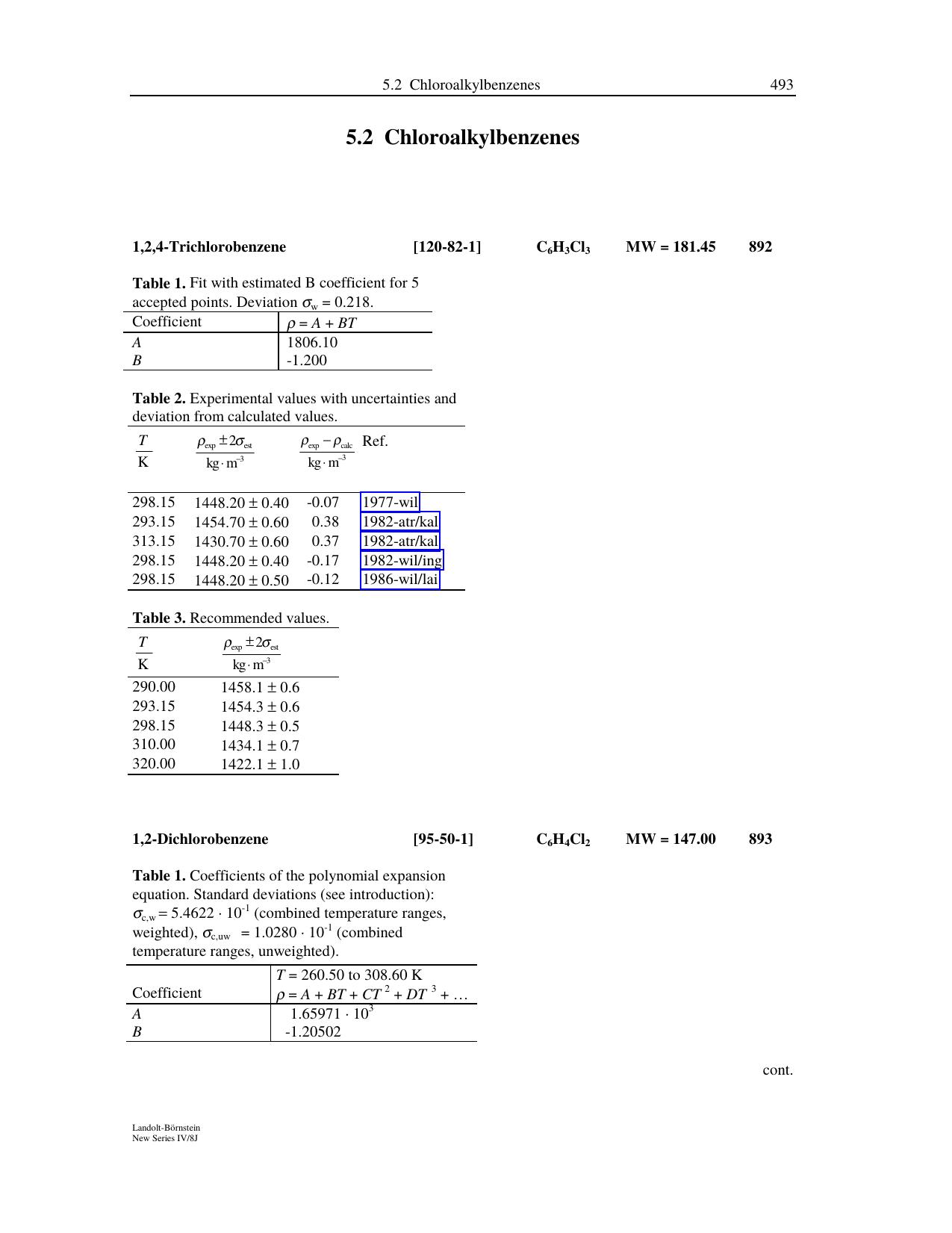 5.2 Chloroalkylbenzenes; 5 Tabulated Data on Density - Aromatic Halohydrocarbons, pp. 493-513 by M. Frenkel X. Hong Q. Dong X. Yan R.D. Chirico Editor: M. Frenkel K.N. Marsh