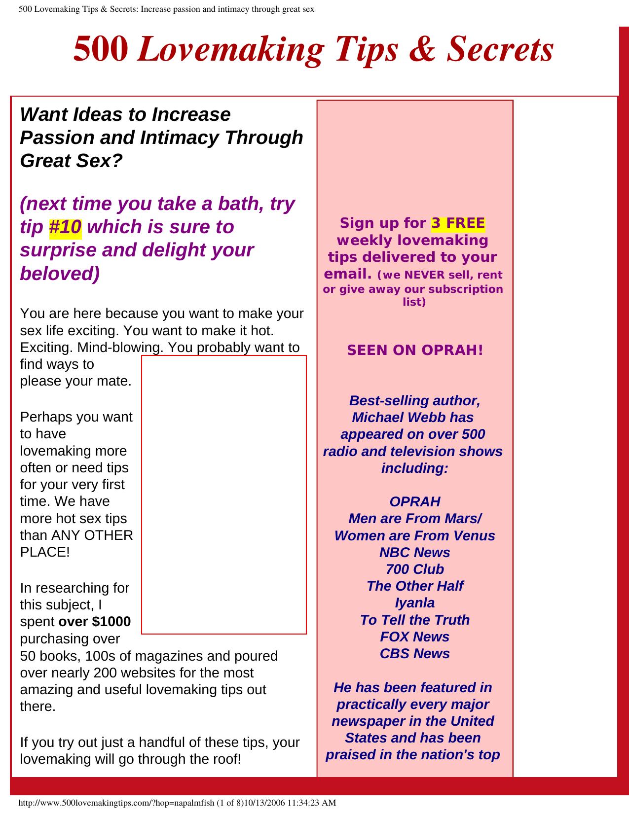 500 Lovemaking Tips & Secrets: Increase passion and intimacy through great sex by Increase Passion & Intimacy Through Great Sex