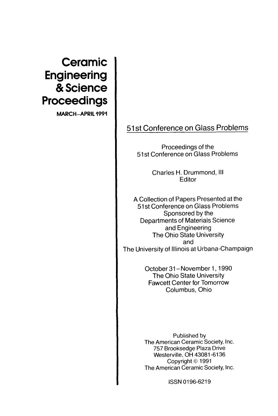 51st Conference on Glass Problems. Ceramic Engineering and Science Proceedings, Volume 12, Issue 3/4 by John B. Wachtman