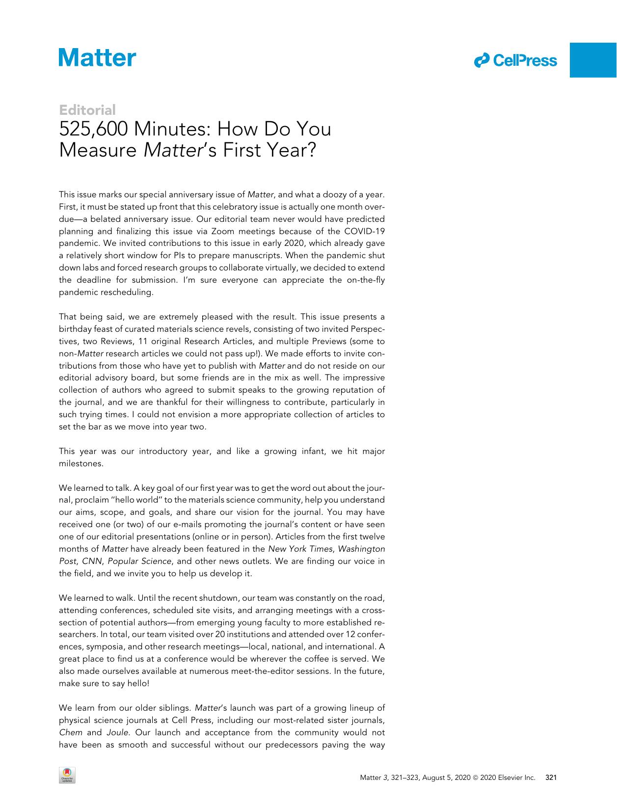 525,600 Minutes: How Do You Measure Matter's First Year? by Steve Cranford