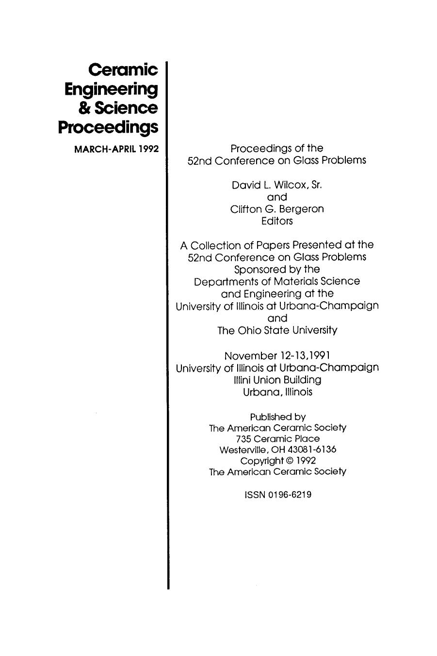 52nd Conference on Glass Problems. Ceramic Engineering and Science Proceedings, Volume 13, Issue 3/4 by John B. Wachtman