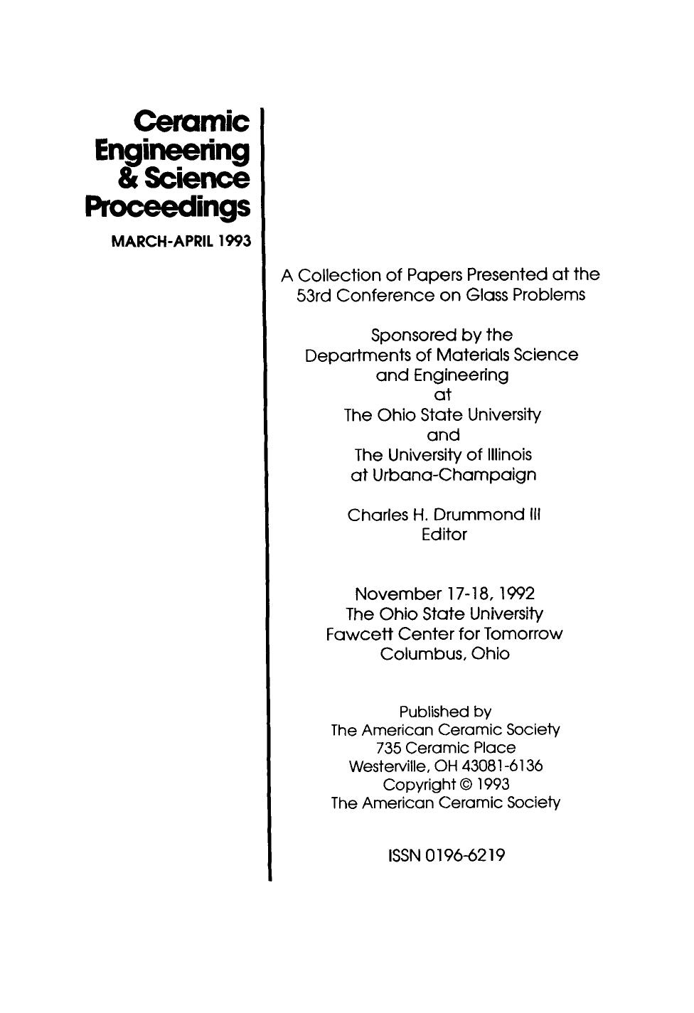 53nd Conference on Glass Problems. Ceramic Engineering and Science Proceedings, Volume 14, Issue 3/4 by John B. Wachtman