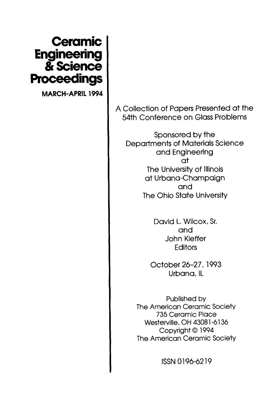 54th Conference on Glass Problems. Ceramic Engineering and Science Proceedings, Volume 15, Issue 2 by John B. Wachtman