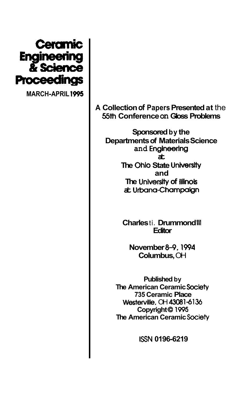 55th Conference on Glass Problems. Ceramic Engineering and Science Proceedings, Volume 16, Issue 2 by John B. Wachtman