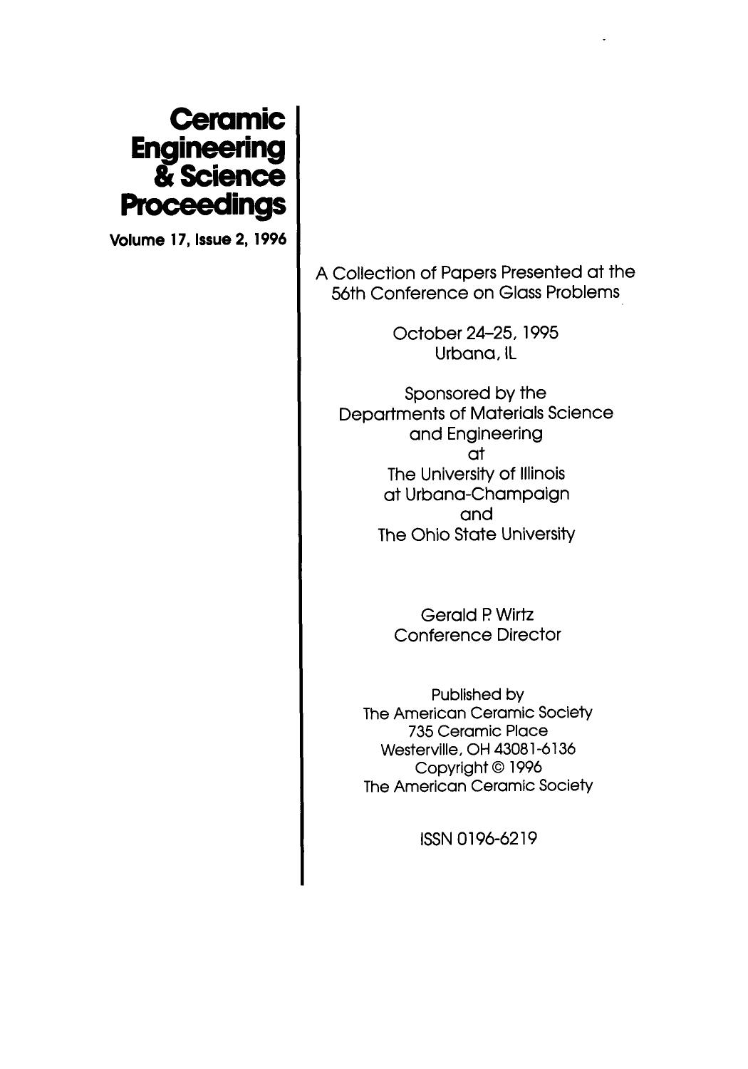 56th Conference on Glass Problems. Ceramic Engineering and Science Proceedings, Volume 17, Issue 2 by John B. Wachtman