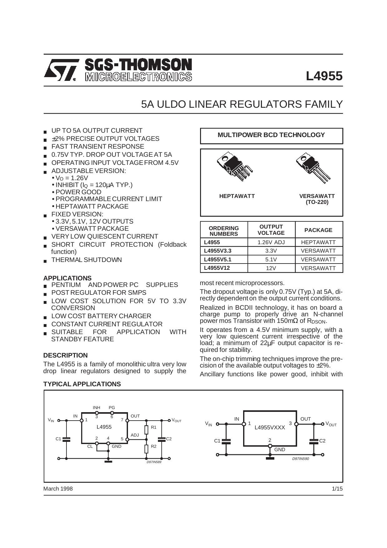 5A LOW DROP LINEAR REGULATORS FAMILY by SGS-THOMSON Microelectronics
