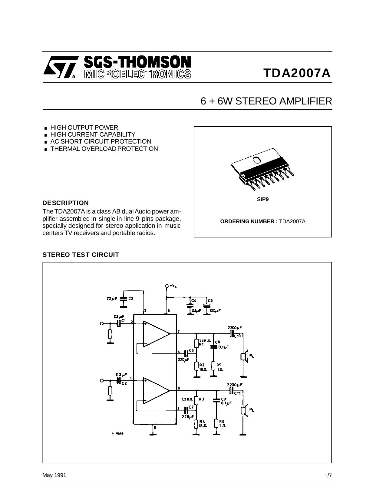 6 + 6W SHORT-CIRCUIT PROTECTED STEREO AMPLIFIER by SGS-THOMSON Microelectronics