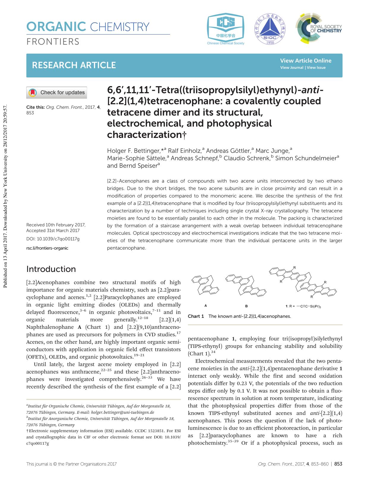 6,6â²,11,11â²-Tetra((triisopropylsilyl)ethynyl)-anti-[2.2](1,4)tetracenophane: a covalently coupled tetracene dimer and its structural, electrochemical, and photophysical characterization by unknow