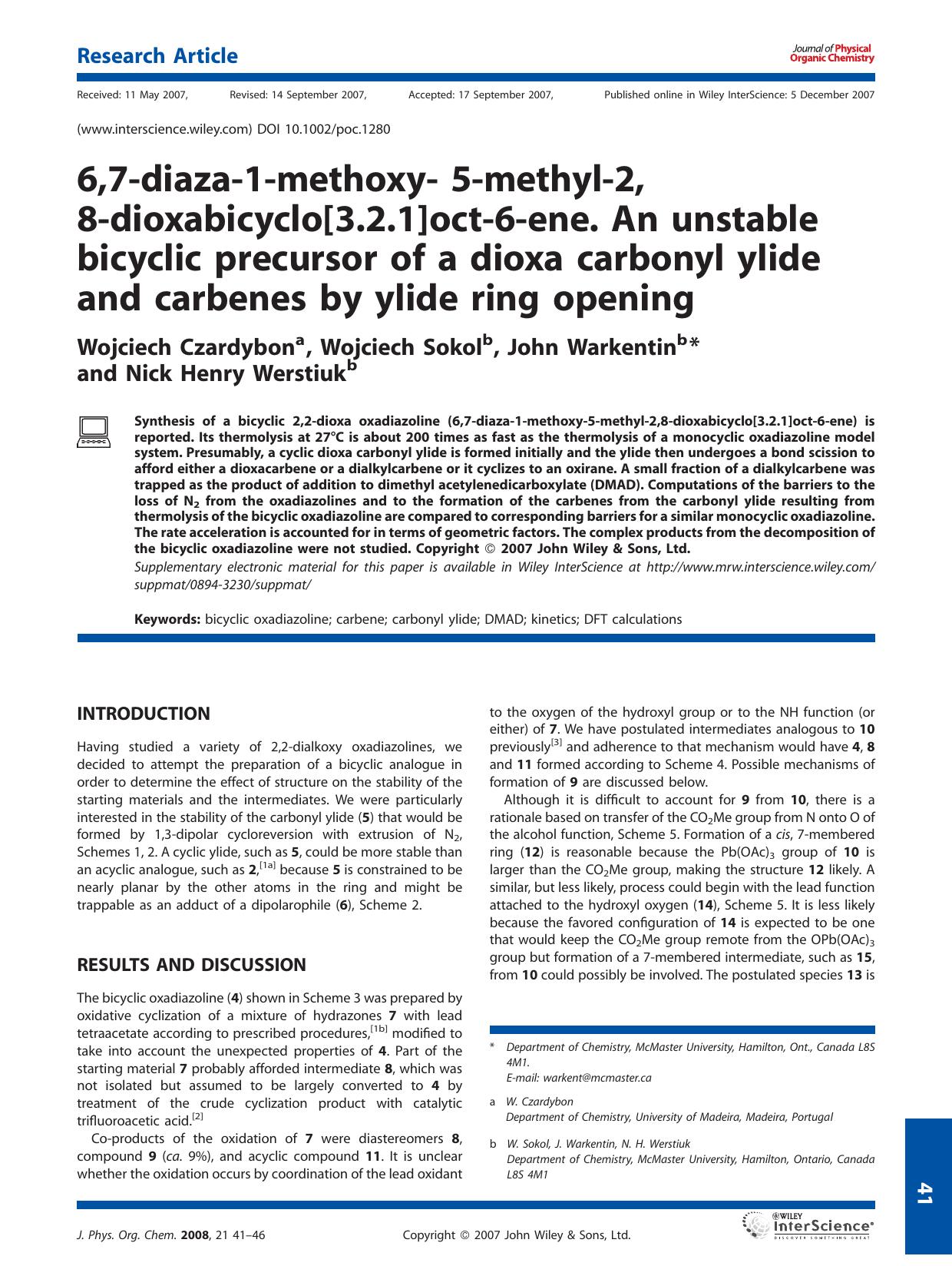 6,7-diaza-1-methoxy- 5-methyl-2, 8-dioxabicyclo[3.2.1]oct-6-ene. An unstable bicyclic precursor of a dioxa carbonyl ylide and carbenes by ylide ring opening by Unknown