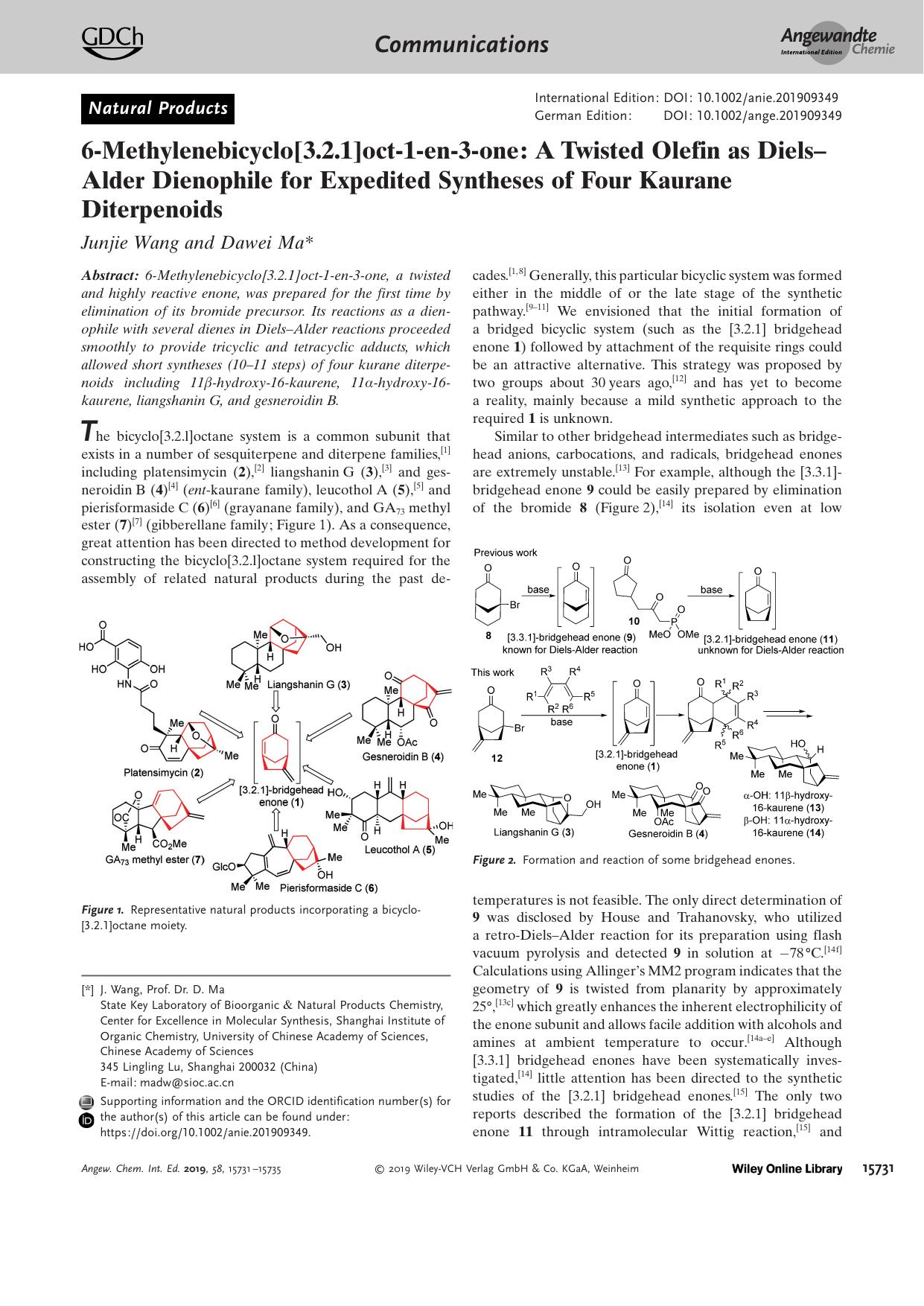 6âMethylenebicyclo[3.2.1]octâ1âenâ3âone: A Twisted Olefin as DielsâAlder Dienophile for Expedited Syntheses of Four Kaurane Diterpenoids by Unknown