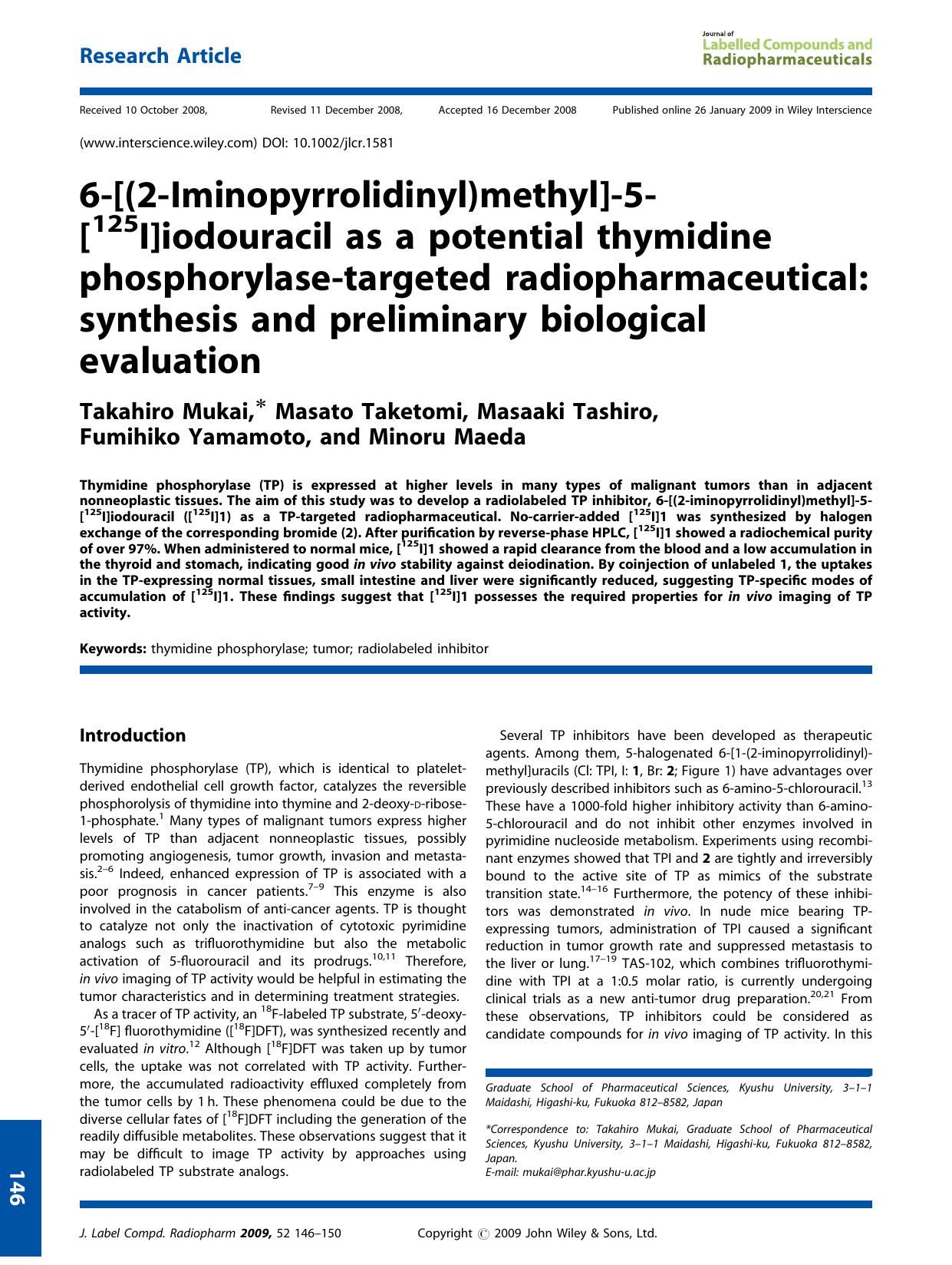6-[(2-Iminopyrrolidinyl)methyl]-5-[125I]iodouracil as a potential thymidine phosphorylase-targeted radiopharmaceutical: synthesis and preliminary biological evaluation by Unknown