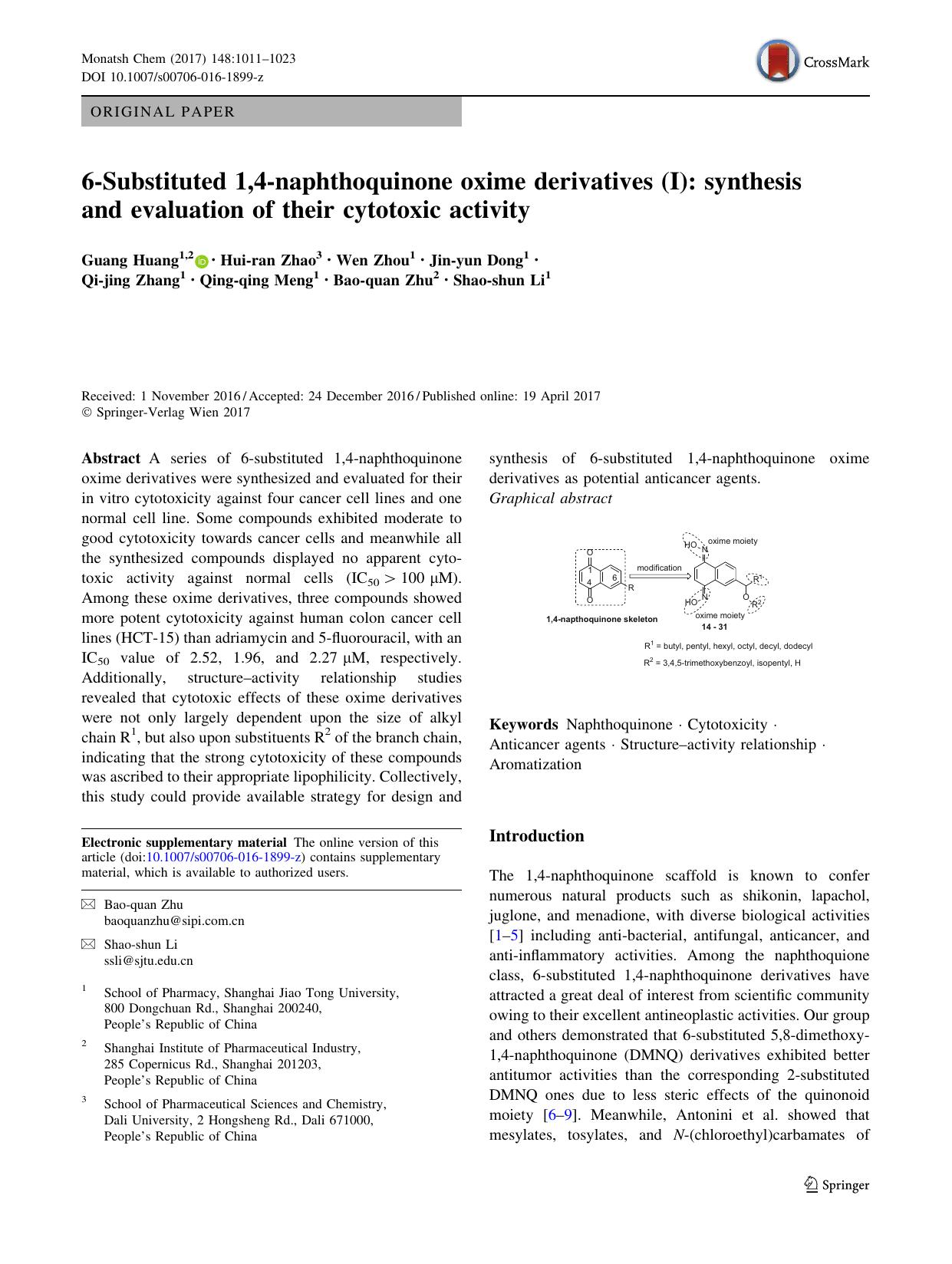 6-Substituted 1,4-naphthoquinone oxime derivatives (I): synthesis and evaluation of their cytotoxic activity by unknow