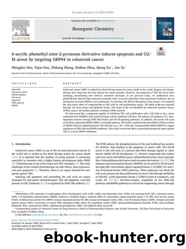 6-acrylic phenethyl ester-2-pyranone derivative induces apoptosis and G2M arrest by targeting GRP94 in colorectal cancer by Mengjiao Hao & Yijun Guo & Zhikang Zhang & Huihao Zhou & Qiong Gu & Jun Xu