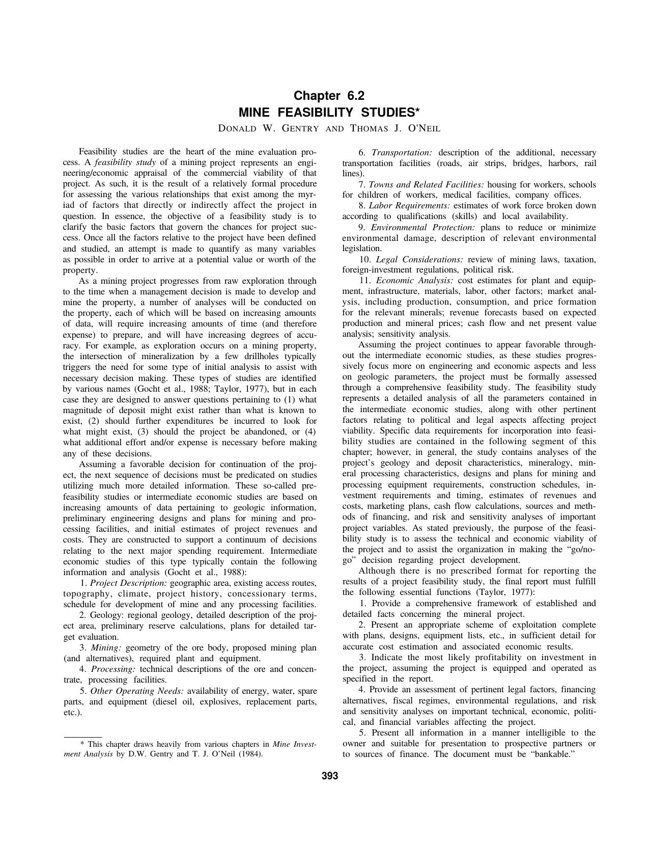 6.2 Mine Feasibility Studies by Society for Mining Metallurgy & Exploration Inc