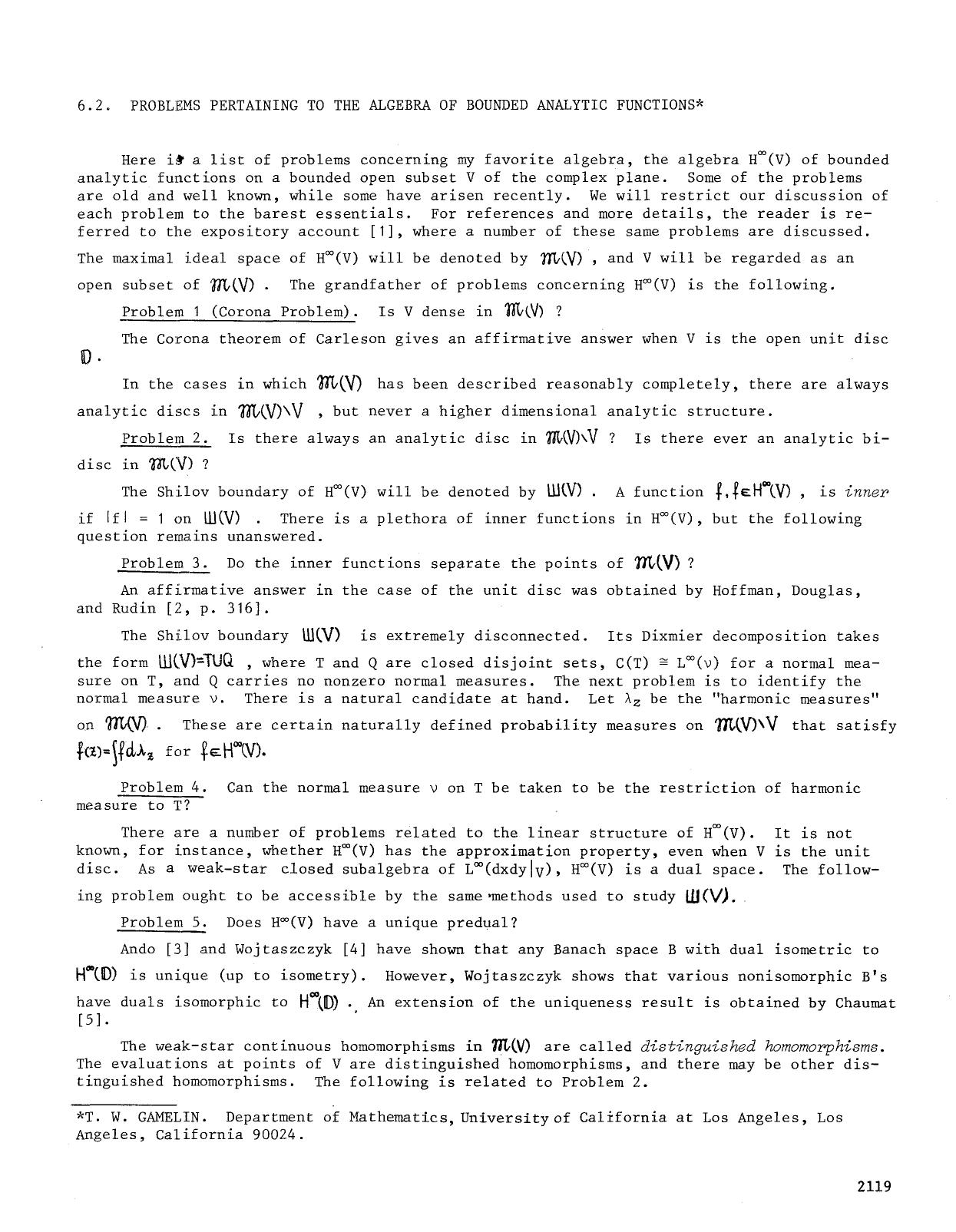 6.2. Problems pertaining to the algebra of bounded analytic functions by Problems pertaining to the algebra of bounded analytic functions (2s)