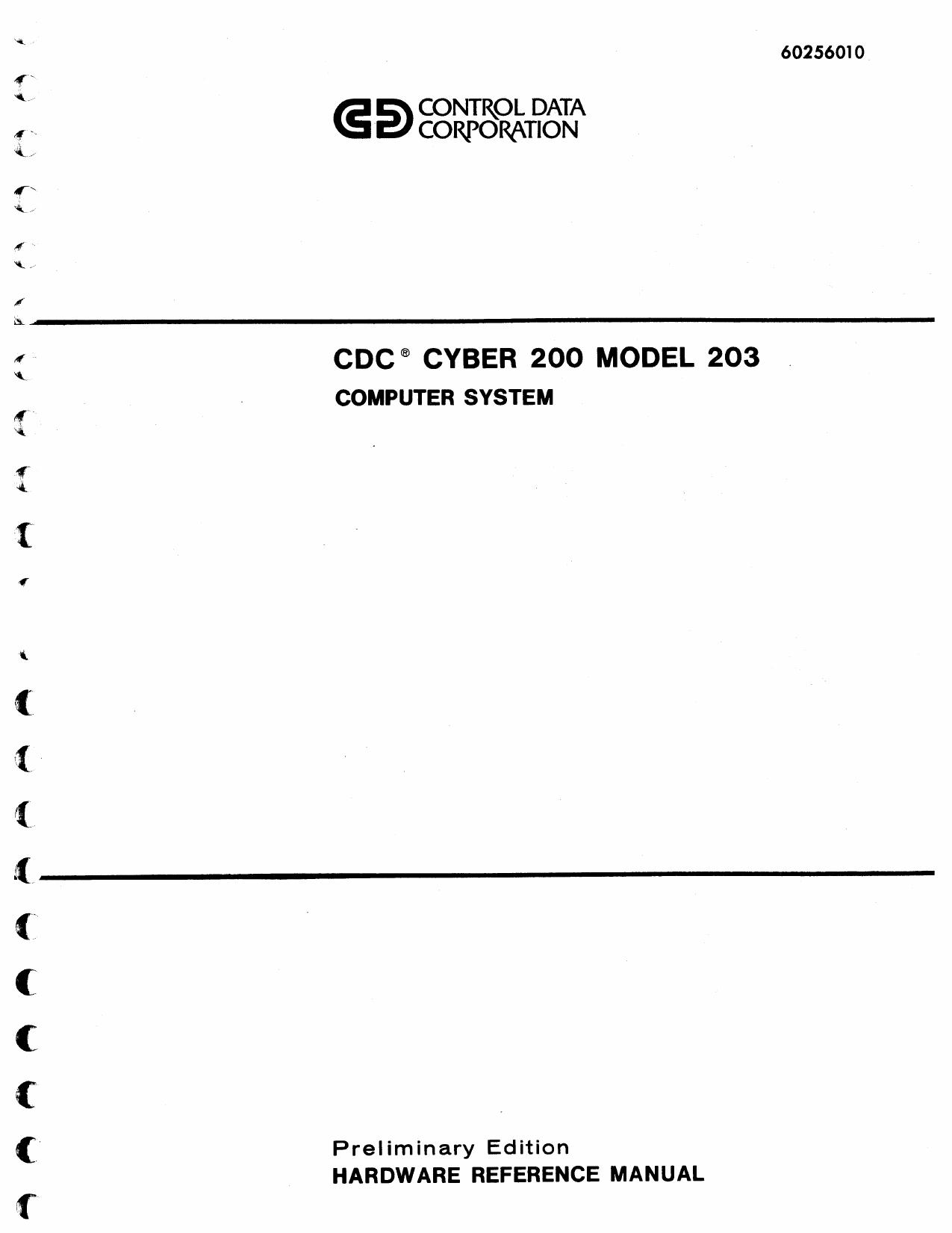60256010-02 Cyber 200 Model 203 Hardware Ref Preliminary May79 by Unknown