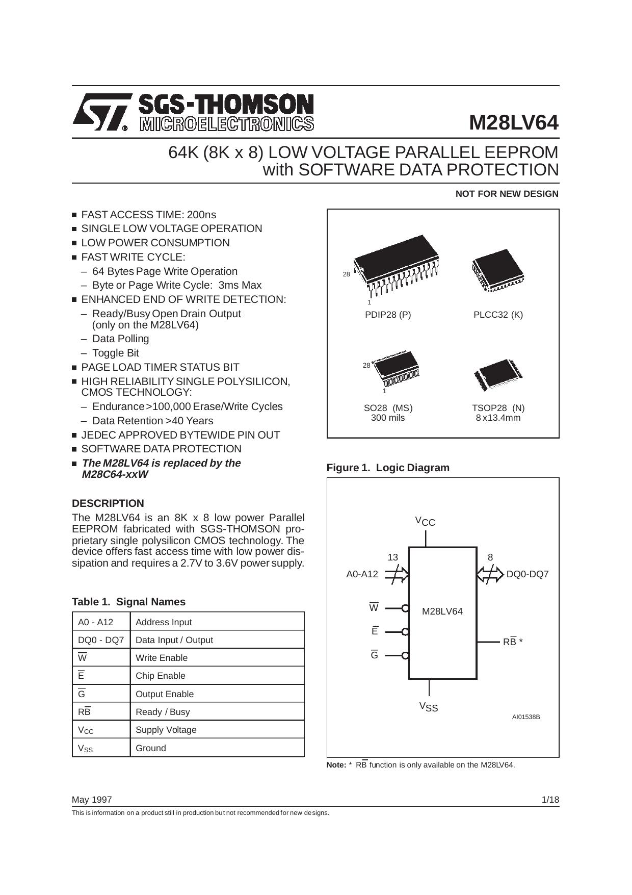 64K (8K X 8) LOW VOLTAGE PARALLEL EEPROM WITH SOFTWARE DATA PROTECTION by SGS-THOMSON Microelectronics