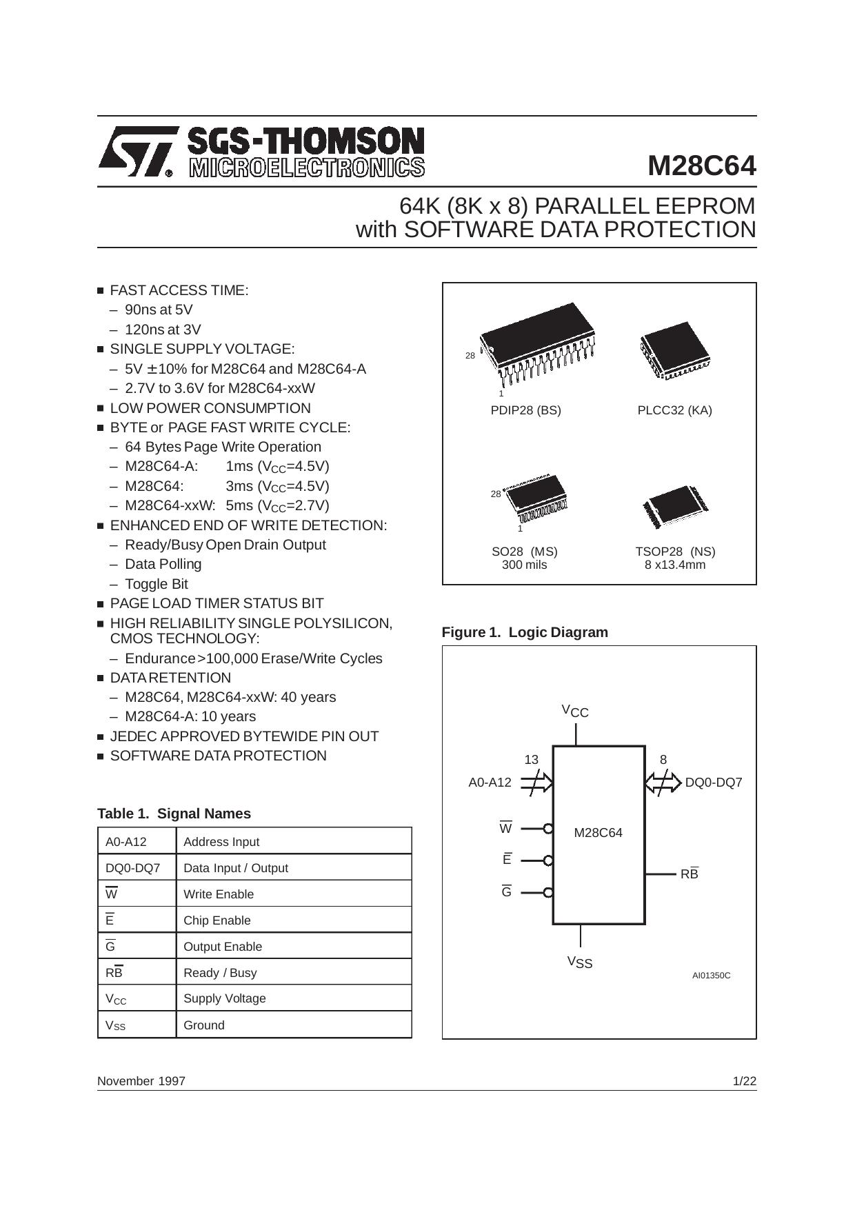64K (8K X 8) PARALLEL EEPROM WITH SOFTWARE DATA PROTECTION by SGS-THOMSON Microelectronics