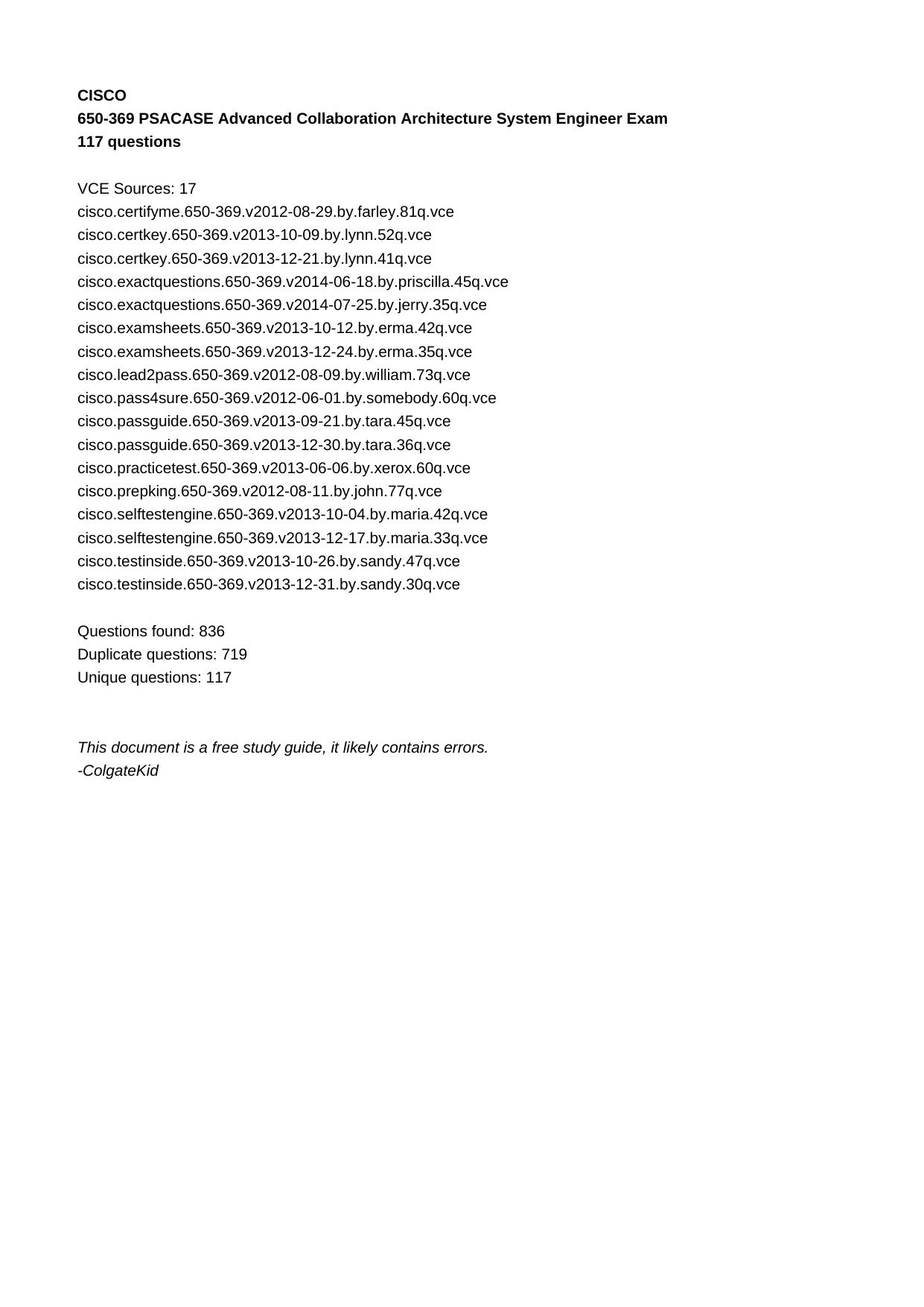 650-369 PSACASE Advanced Collaboration Architecture System Engineer Exam by Unknown