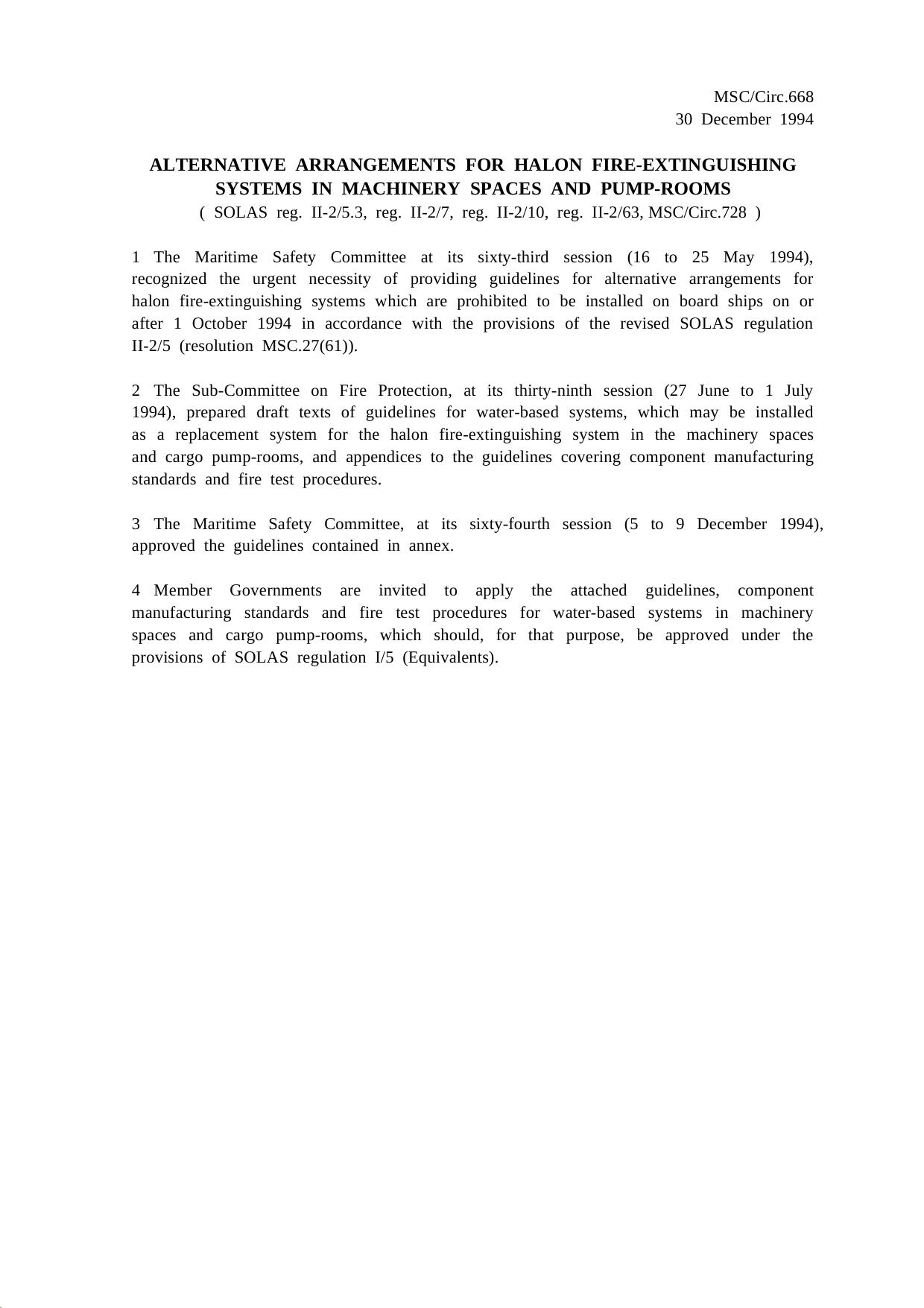 668 - Alternative Arrangements for Halon Fire-Extinguishing Systems in Machinery Spaces and Pump-Rooms by Redistributed by Regs4ships Ltd