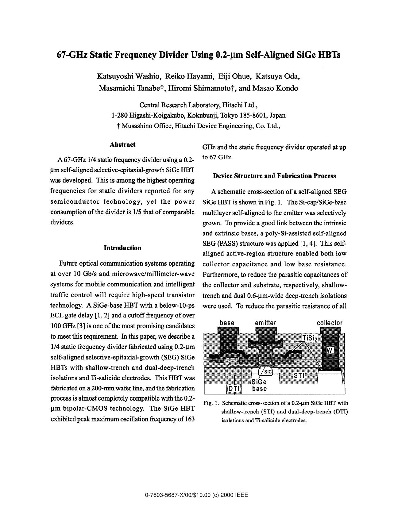 67-GHz Static Frequency Divider Using 0.2-Âµm Self-Aligned SiGe HBTs by K. Washio R. Hayami E. Ohue K. Oda M. Tanabet H. Shimamoto & M. Kondo